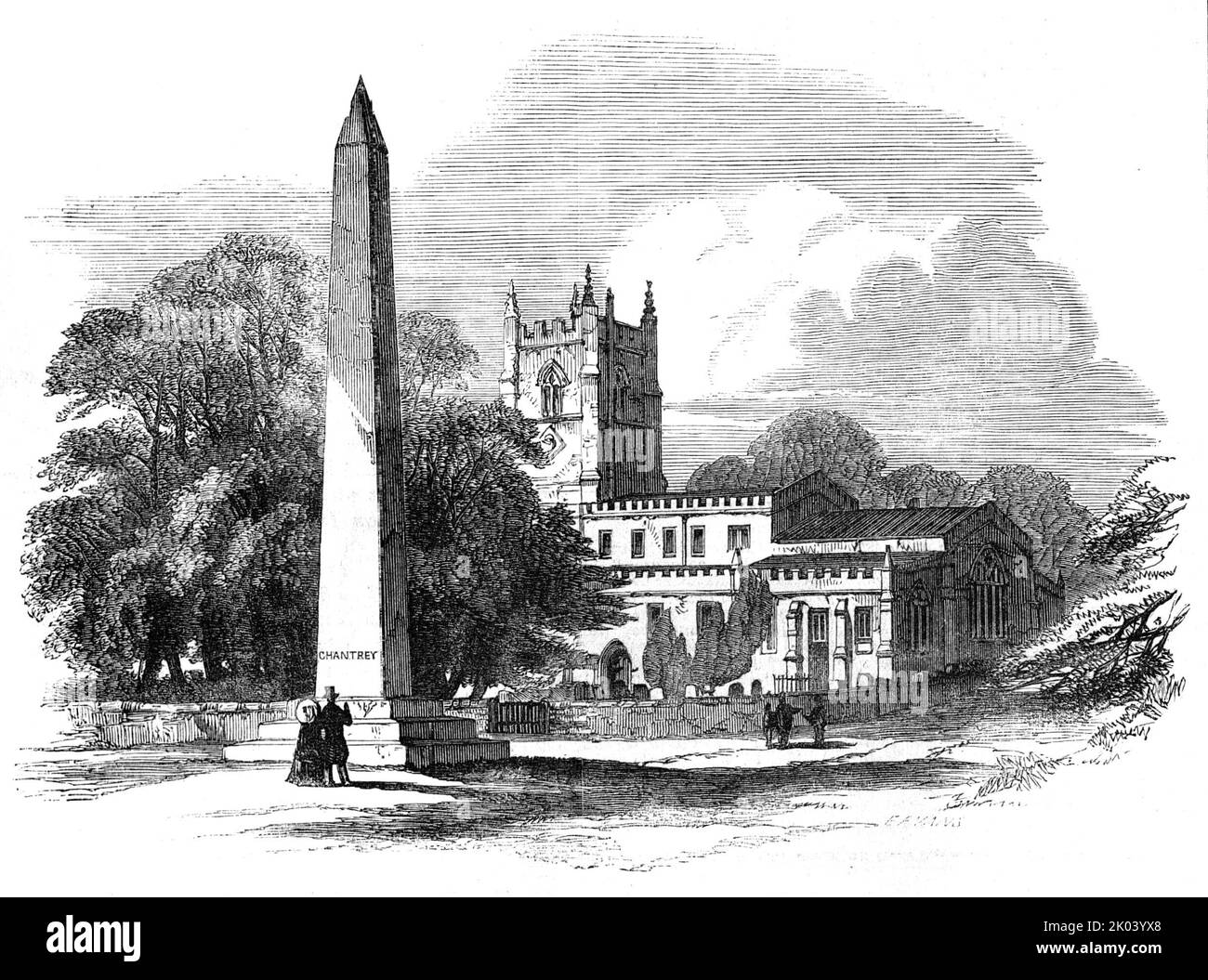 The Chantrey Memorial, Norton, near Sheffield, 1854. Monument to a British artist. 'Here Francis Liggitt Chantrey was born, on the 7th of April, 1781...The sculptor had willed that his mortal remains should be laid in his native village of Norton...an Obelisk has been raised upon Norton-Green, a short distance from the church: the obelisk is twenty-two feet in height, consisting of one block, three feet square at its base; its weight is nine tons, exclusive of the foundation. The material is grey granite, &quot;fine axed&quot; from the quarries of Mr. G. Tregelles. Cheesewring, Cornwall. The d Stock Photo