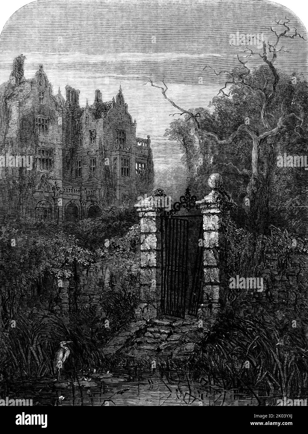 &quot;The Haunted House&quot; - drawn by S. Read, 1854. 'The subject of Mr. Read's picture is taken from the beautiful poem of &quot;The Haunted House&quot;, by the late Thomas Hood. The picture is worthy of the poem; which is the highest praise we can give it. &quot;Unhing'd the iron gates half open hung, Jarr'd by the gusty gales of many winters, That from its crumbled pedestal had flung One marble globe in splinters...The moping heron, motionless and stiff, That on a stone, as silently and stilly, Stood, an apparent sentinel, as if, To guard the water-lily...For over all there hung a cloud Stock Photo
