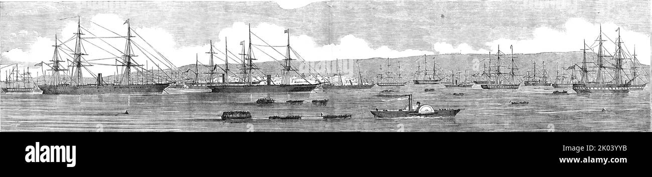 The Transport Fleet Embarking the Troops, at Varna, 1854. Scene from the Crimean War: the Black Sea, off the coast of Bulgaria. Royal Navy ships arrive with British soldiers. '&quot;Simla&quot; and &quot;Sidon&quot;; &quot;Himalaya&quot; 8th Hussars, part of 17th Lancers, 370 Horses; &quot;Jason&quot;, Light Cavalry; &quot;Emu&quot; 42nd Regiment; Varna; &quot;Kangaroo&quot; Fusilier Guards; &quot;Courier&quot;; &quot;Simoom&quot; French Camp, Coldstreams; Zouaves' Camp; &quot;Agamemnon, &quot;Harbinger&quot;, Artillery; &quot;W. Kennedy&quot; engineers; &quot;Melbourne&quot;'. From &quot;Illu Stock Photo