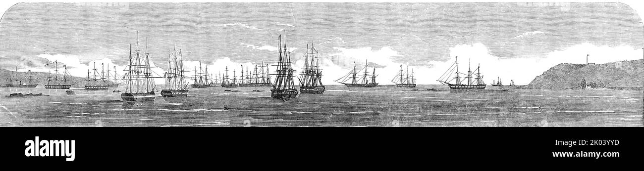 The Transport Fleet Embarking the Troops, at Varna, 1854. Scene from the Crimean War: the Black Sea, off the coast of Bulgaria. Royal Navy ships arrive with British soldiers. '&quot;City of London&quot;, 41st Regiment; &quot;Megaera&quot;; &quot;Vulcan&quot;, 30th Regiment; Hospital Ship; Transports; &quot;Emperor&quot;, &quot;Montebello&quot;, 7th Fusiliers, F. R. - Admiral; English Transports; &quot;Tynemouth&quot;, 4th Regiment; &quot;Star of the South&quot;; &quot;Dunbar&quot;, 79th Regiment; &quot;Retribution&quot; coming in; Turkish Fort'. From &quot;Illustrated London News&quot;, 1854. Stock Photo