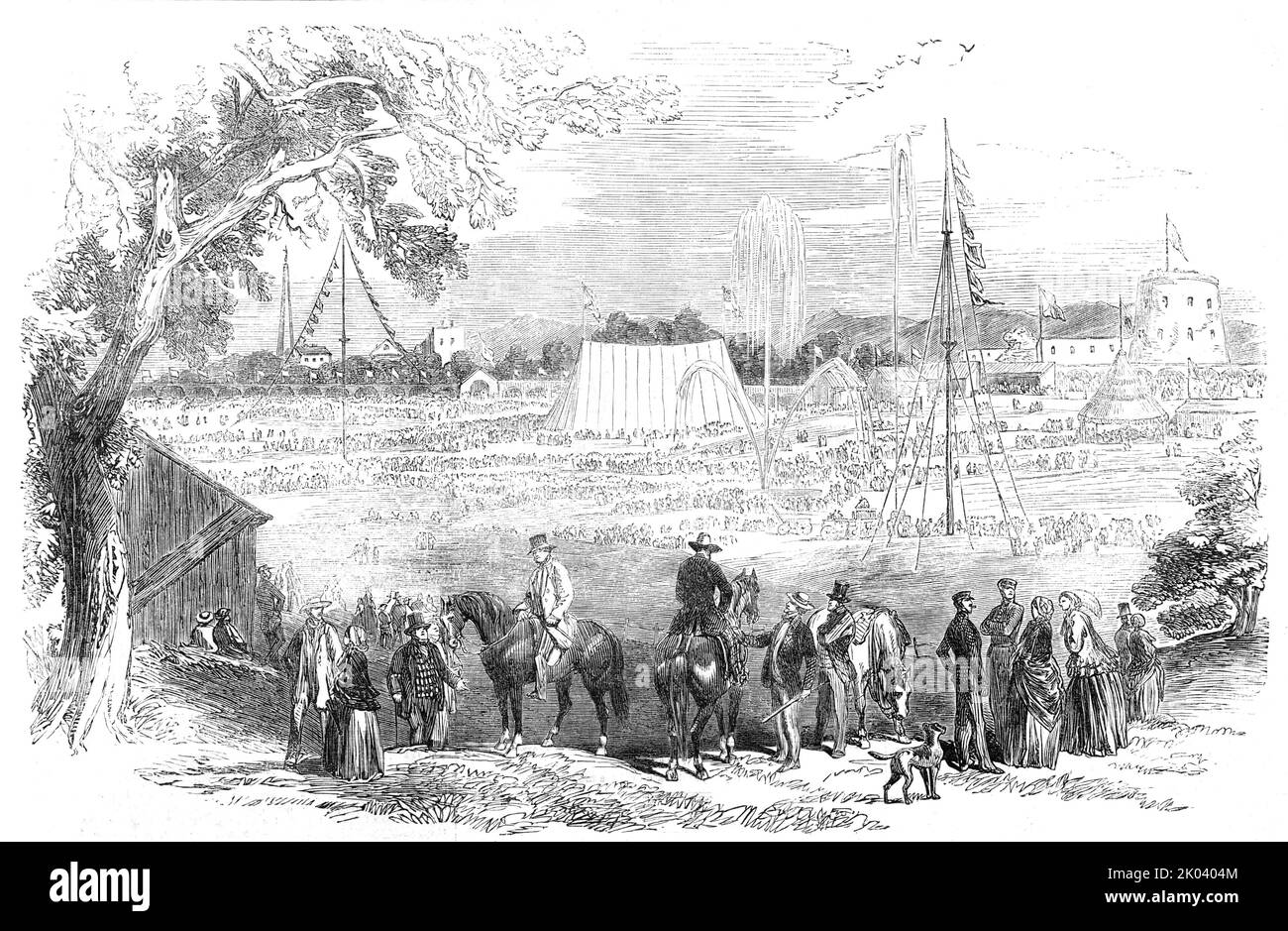 The Lower Canadian Agricultural Exhibition, 1854. Annual Exhibition of the Lower Canadian Agricultural Society, held on the Plains of Abraham, Quebec...'About 5000 persons received admission during the day, and it was impossible to walk among the assembly and hear its conversation carried on in English and French indifferently, and not be struck by the complete fusion of races which it has been the constant aim of Lord Elgin to effect, and in which he has so signally succeeded...The stock exhibited showed a marked improvement over former years; the horses especially were much and deservedly ad Stock Photo