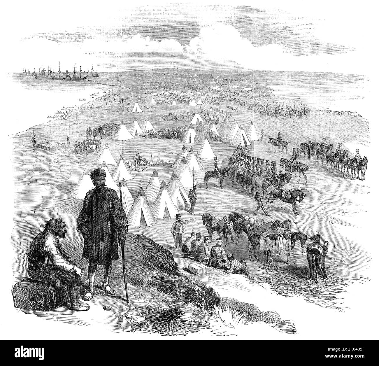English Encampment on the Coast near Toula, in the Crimea, 1854. Crimean War: British military camp at the time the Battle of the Alma was fought. 'Captain Monck, of the 7th Fusiliers, was shot by a wounded Russian, to whom he was giving some water. Captain Dew was killed by a cannon-ball - his head cut clean off; Lieut. Cockerell was wounded in the leg by a shot which had passed through his horse; it was amputated, and he died. He was a splendid fellow. Lieut. Walsham, who ascended Mont Blanc, fell most gloriously. A gunner, who was sponging a gun, being shot in the arm, Walsham said to him, Stock Photo