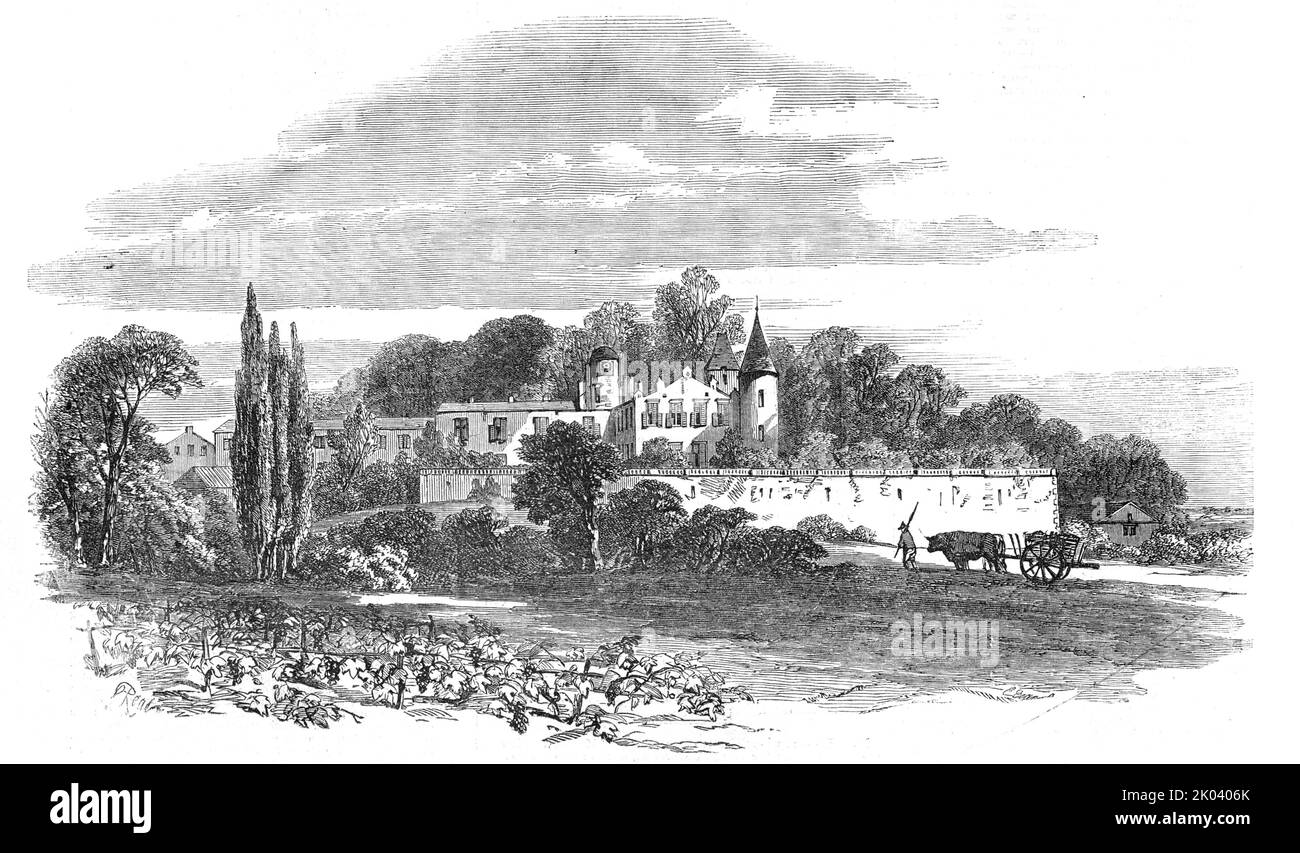 The Chateau Lafitte, Medoc, near Bordeaux, 1854. Wine-making estate in France. 'At first, I was dainty in my selection of the grapes to be chosen, eschewing the underripe and the over-ripe. A damsel beside me observed this: 'Cut away, she said; 'every grape makes wine.' 'Yes; but the caterpillars?' 'They give it a body !' I was talking to the lord of the vineyard, when some one...dashed at him from behind; and...squashed a huge bunch of grapes over his mouth and nose, rubbing in the bleeding fruit as if it were a healing ointment, while streams of juice squirted from between the fingers of the Stock Photo