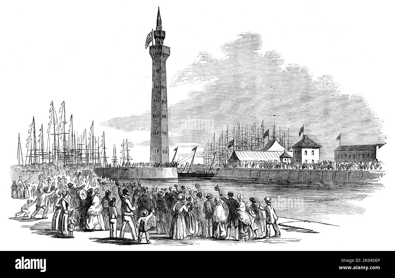 &quot;The Fairy&quot; Steamer entering Grimsby Dock, 1854. Queen Victoria visits Lincolnshire. '...the graceful little Fairy came in sight...Making a slight circuit before entering the dock, the Royal yacht soon stood fairly in; and her Majesty, with the Prince Consort, surrounded by her suite, was soon recognised upon deck...Their attention was first naturally directed to a gigantic tower, in the Italian style, which rises from the centre pier to the height of 300 feet, and can be seen sixty miles out at sea...By an ingenious contrivance, duly explained to the Royal Party, the tower is made t Stock Photo