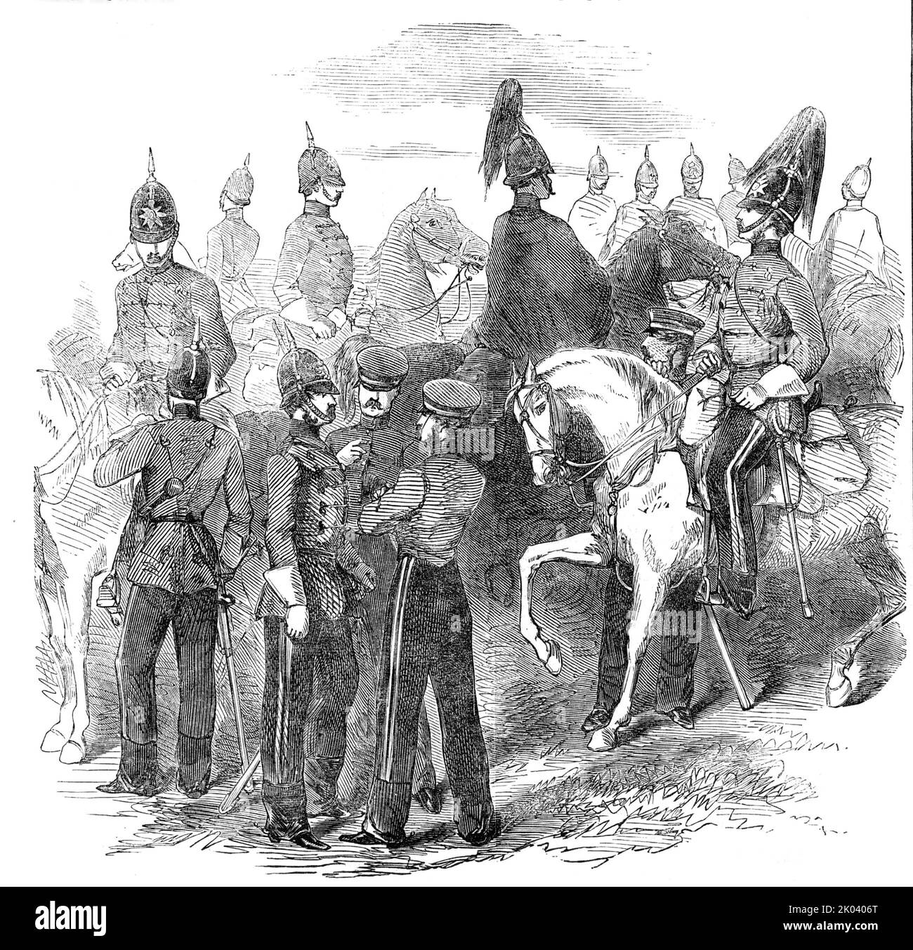 New Cavalry Corps. - the Mounted Staff, 1854. British military uniforms during the Crimean War. '...new Corps...destined for special service in the East...They are designated the Mounted Staff Corps, and consist of men selected for their intelligence and good conduct from the Irish Police and Constabulary Force principally, and also from the Metropolitan Police...The uniform is a handsome scarlet Hungarian tunic, the front sleeves and collar richly braided, Royal blue facings (the officers' tunics richly and tastefully laced); blue trousers, with two scarlet stripes, and leather strappings and Stock Photo