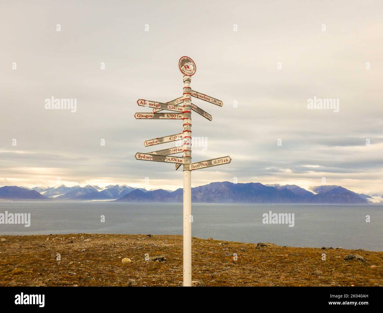 Signpost at Pond Inlet on Eclipse Sound, Baffin Island, Nunavut, Canada. Stock Photo
