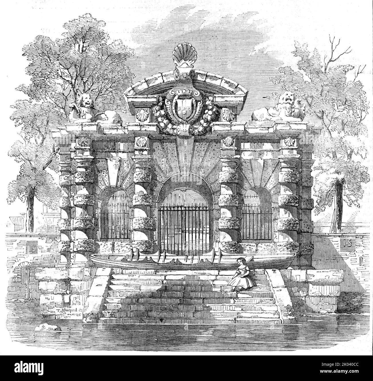 The Water-Gate of York House, Buckingham-Street, Strand, 1854. York Watergate in Westminster, London,, built by George Villiers, c1626. 'The Water-gate...is of Portland stone: in the front, facing Buckingham-Street, are three arches flanked with pilasters, supporting an entablature and four balls; above the keystones of the arches are shields, those at the sides sculptured with anchors, and that in the centre with the arms of Villiers impaling those of the family of Manners. Upon the frieze is the Villiers' motto...The riverfront...has a large archway, opening upon steps to the water; on each Stock Photo