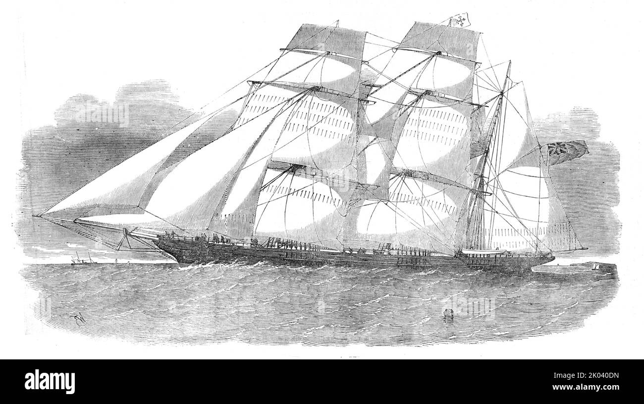 The Sunderland Clipper Barque, &quot;Flying Dragon&quot;, 1854. 'From accounts just received, we are sorry to have to announce the loss by fire of this beautiful clipper barque, on her passage from Ceylon to London, with a general cargo. It appears that she took fire at midnight on the 31st of July last, about 200 miles from the Cape; and ran into Simon's Bay in August, burnt to the water's edge, where she was scuttled. The Flying Dragon was built for the Australian trade, by Mr. John Pyle, of North Sand, Monkwearmouth - the builder of the Spirit of the Age, and other vessels that have been ce Stock Photo