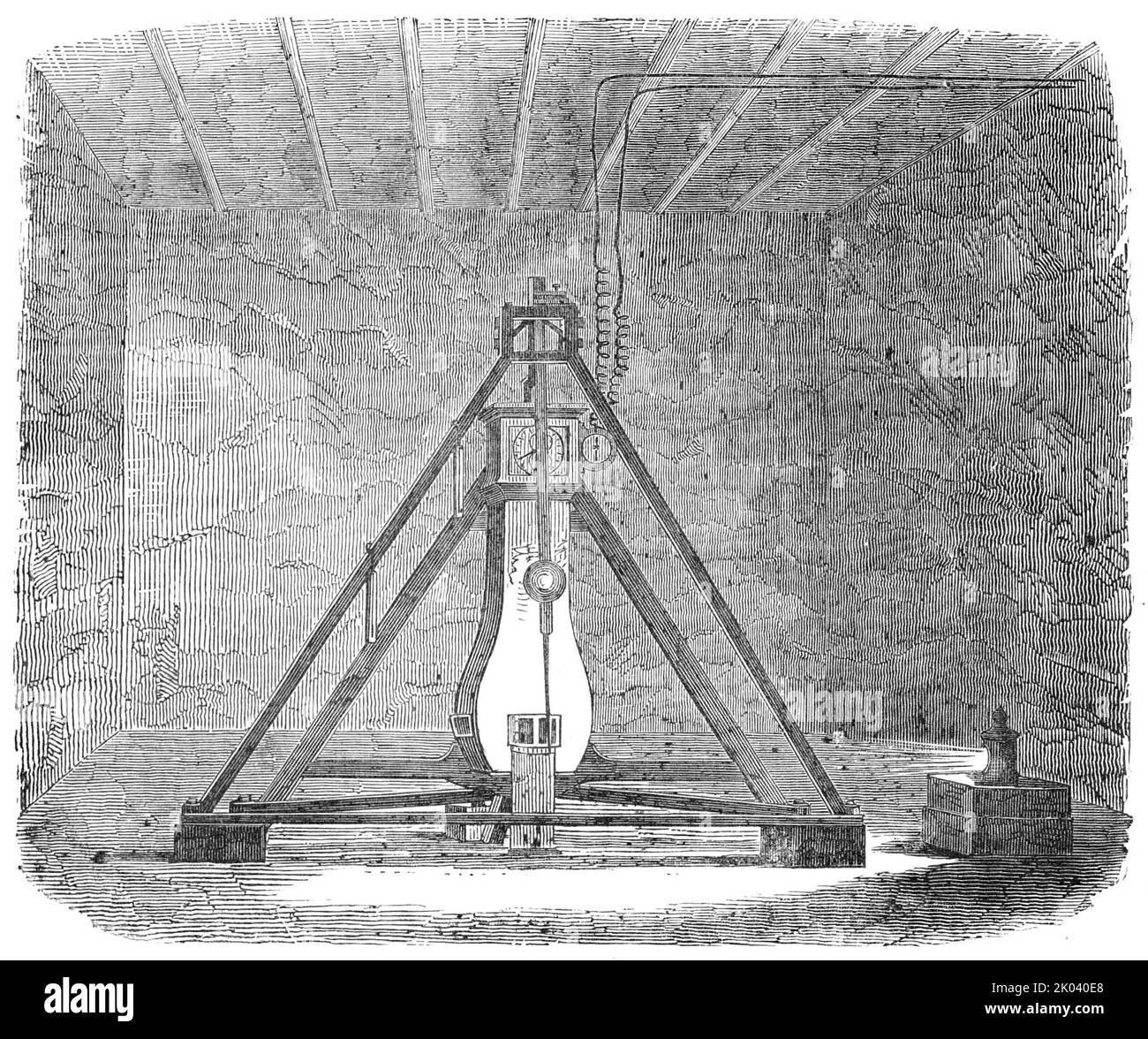 Pendulum-Room at the Bottom of the Harton Coal-Pit, 1854. Experiment to determine the weight of the Earth. 'The apparatus consists of two astronomical clocks with compensation pendulums, two invariable pendulums (Kater's) suspended...immediately in front of the clock pendulums. An astronomical clock, and an invariable pendulum were placed at each station with barometer and thermometer attached, which were regularly observed, so that the necessary corrections might be made for atmospheric resistance, variations of temperature, &amp;c. There was also at each station a galvanic-signal-needle...co Stock Photo