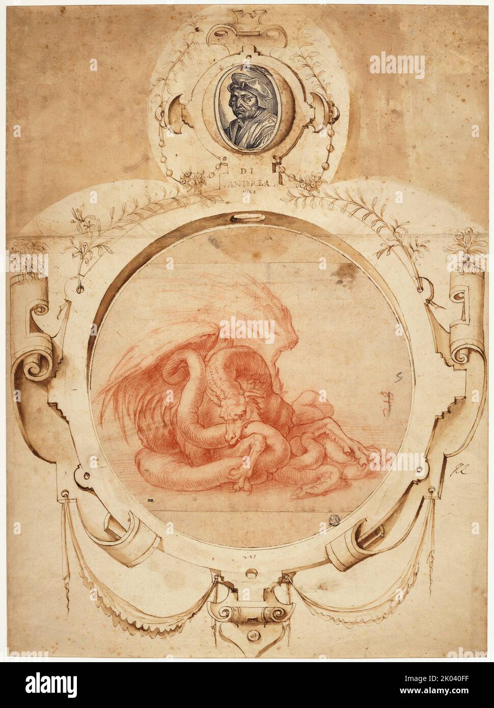 Dragon devouring a snake. With a Portrait of Andrea del Sarto, First quarter of 16th cen. Found in the collection of the Mus&#xe9;e du Louvre, Paris. Stock Photo