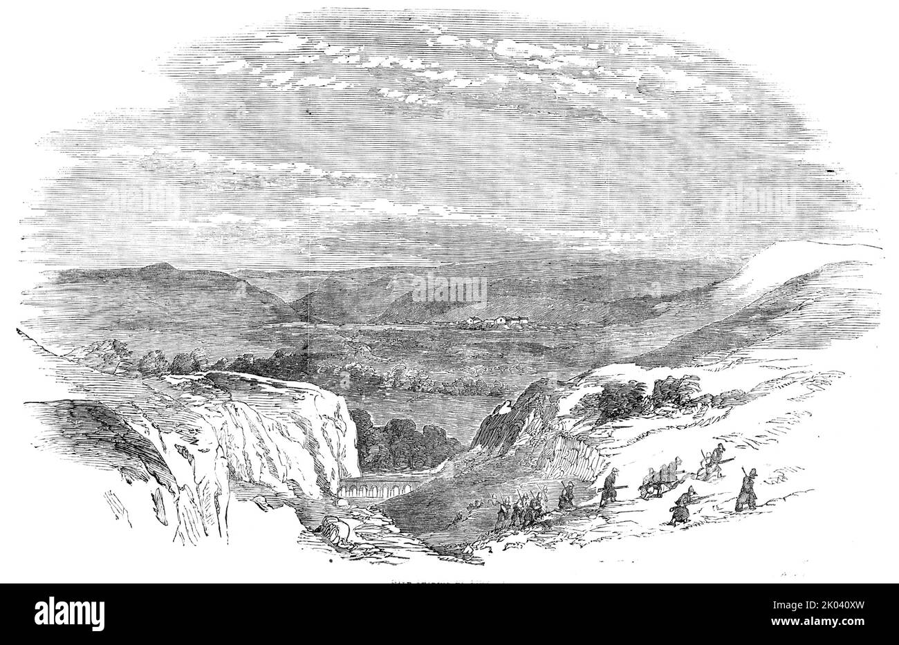 Vale leading to Inkerman, 1854. Crimean War, ruins at Kalamita. 'Here is truly a city of caverns, for the white rocks that look over the bay of Aktiar (which, translated, signifies White Rocks), are excavations of a most extraordinary character. These consist of chambers with Gothic windows, cut out of the solid stone. Near the harbour the rocks are hewn into chapels, monasteries, and sepulchres. These are considered by some authorities to have been the retreats of Christians in the early ages. There are several Grecian antiquities in the neighbourhood of the ruined town...but the Russians, wi Stock Photo