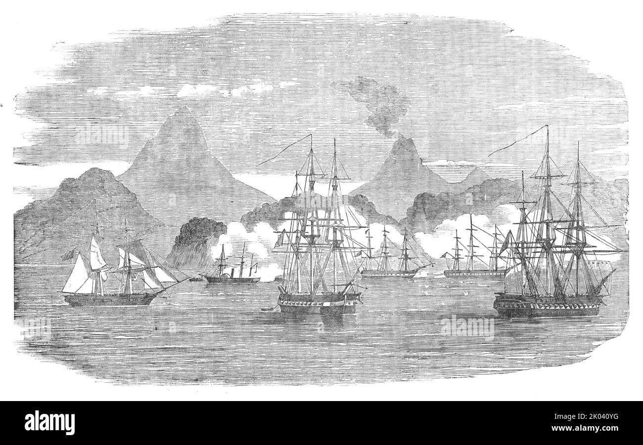 Naval Attack on the Russian Fort of Petropaulovski, [Kamchatka], 1854. Crimean War. French and English warships: 'L'Obligator; Virago; Eurydice, Pique...The Allied squadron in the Pacific has attacked the Russian fort of Petropaulovski in Kamschatka, destroyed two batteries, and taken three vessels...The total number of men killed, wounded, and left on shore, belonging to the...Allies, 209...The action was a very severe one, the English vessels alone are said to have fired 3000 balls. The loss on the side of the Russians was very heavy, but is not ascertained...The object of the fleet, is said Stock Photo