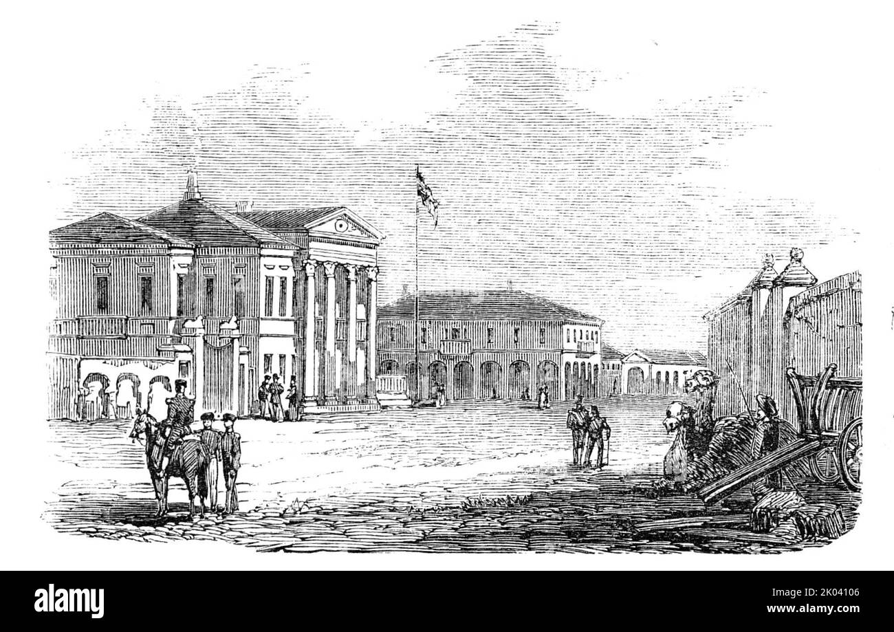 Eupatoria - (Custom-House) Quarters of Captain Payne's Detachment of Marines, 1854. Yevpatoria is a city in Western Crimea on the Black Sea. It was the first port landed at by the allies during the Crimean War. View of one of the '...principal points of occupation of the forces and places of interest: all of them...situated on the strand...The head quarters of the Marines were established in the Quarantine buildings and grounds...Captain Payne's quarters appears to be the Customhouse'. From &quot;Illustrated London News&quot;, 1854. Stock Photo