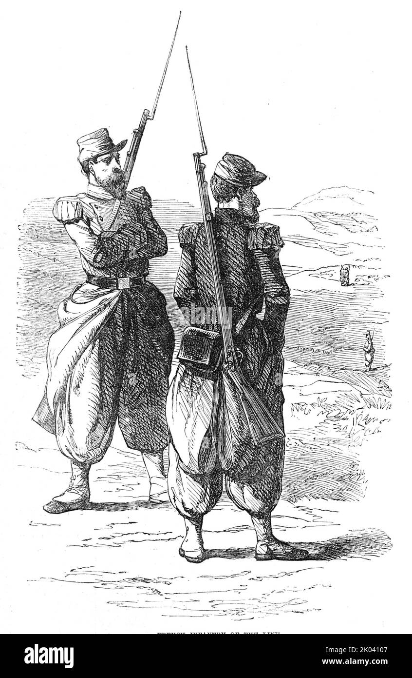 French Infantry of the Line, 1854. Soldiers in the French army during the Crimean War. 'Prince Menschikoff, in his apologetic description of the battle, ascribes his repulse to the fact that the Russian Commanders ware wounded; and that &quot;the enemy's infantry occasioned great losses in horses, artillerymen, and infantry officers.&quot; A more just explanation would have been to confess that the wretched serfs, raised on black bread and quass, whom the Czar sends him, are unable to stand against English and French soldiers, even when the former number more than four to one of the latter'. F Stock Photo