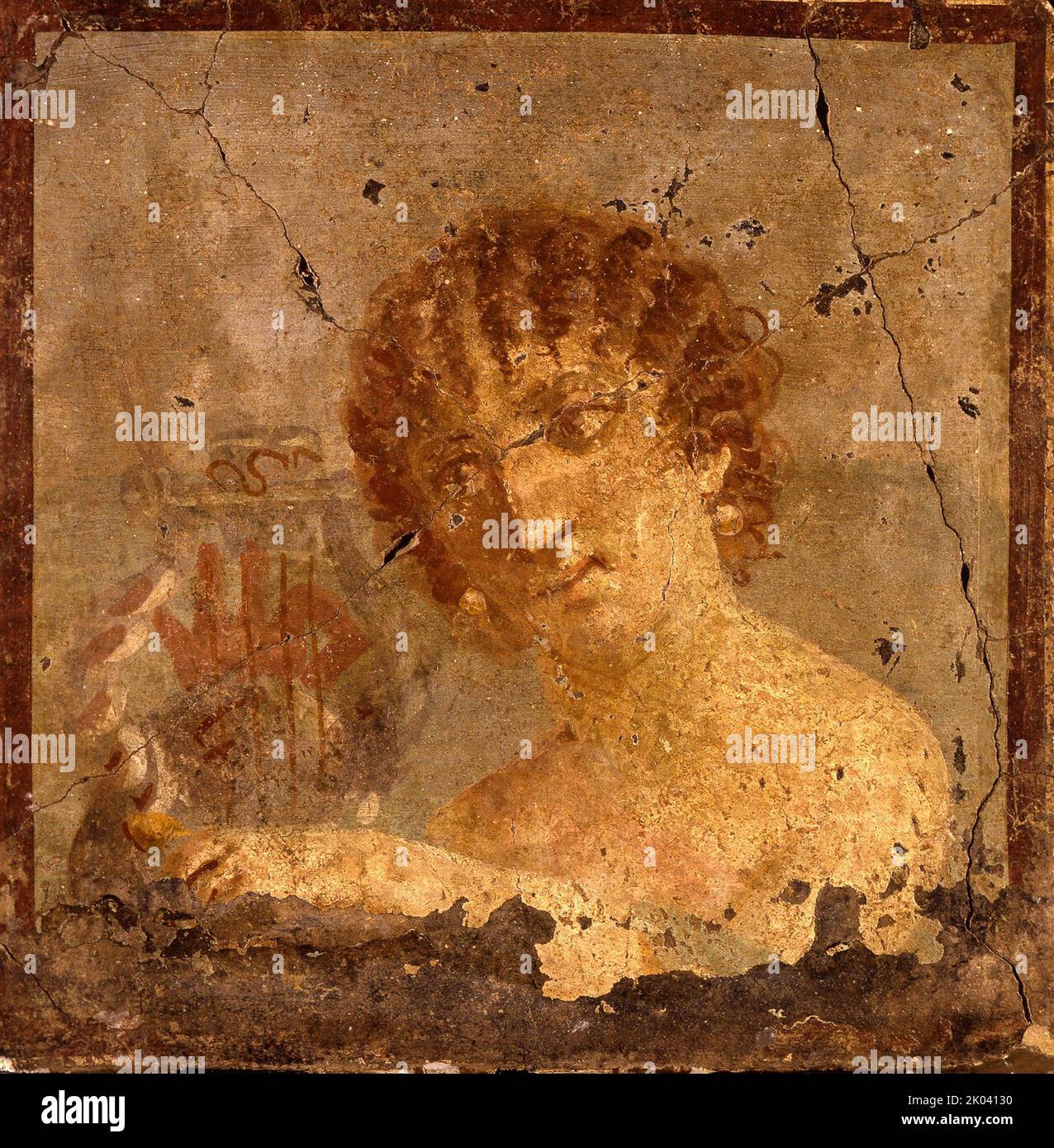Young woman plucking the strings of a lyre, 1st century. Found in the collection of the Museo Civico d'Arte Antica, Turin. Stock Photo