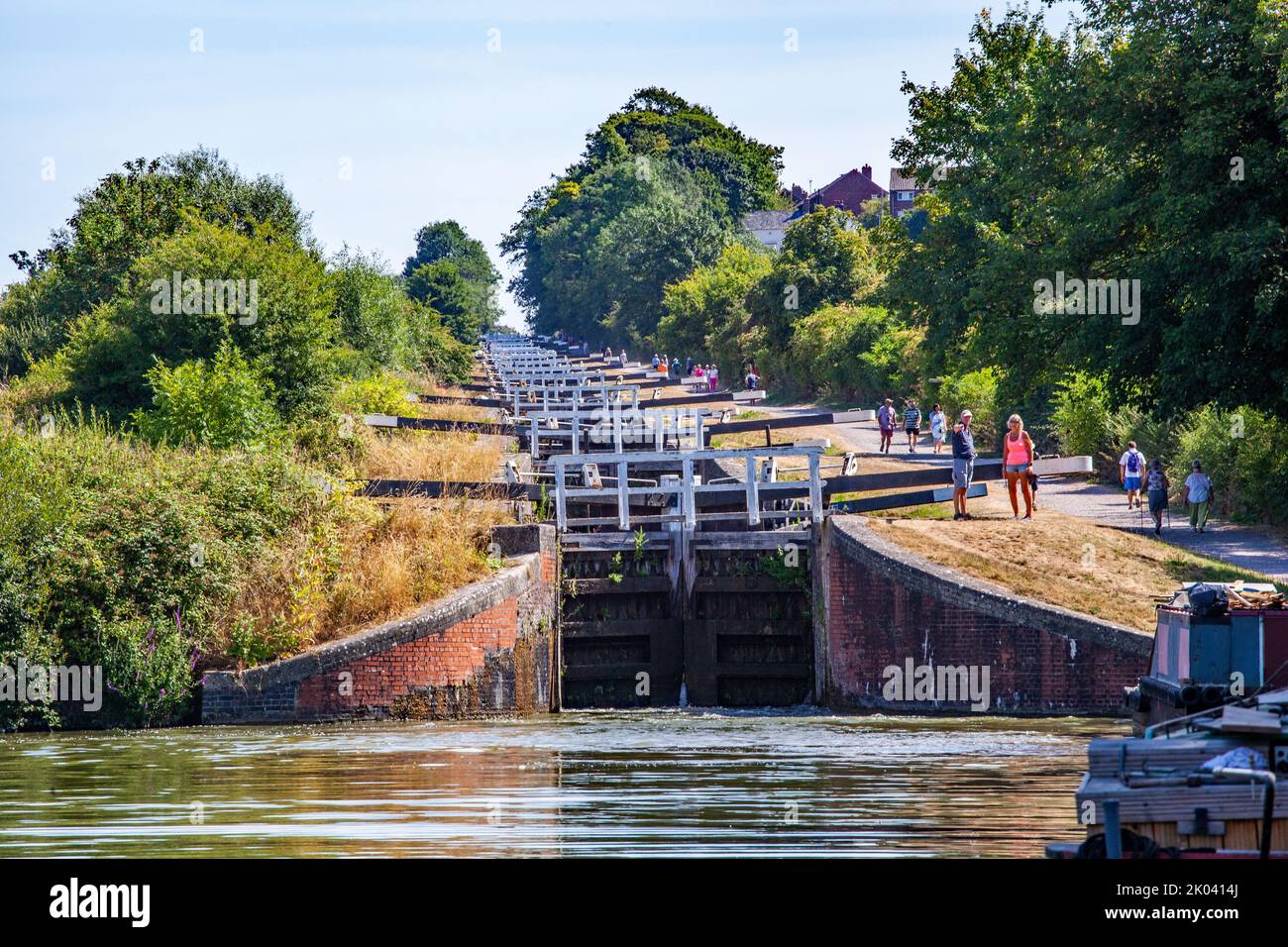 Caen Hill Locks, a flight of 29 locks on the Kennet and Avon Canal, between Rowde and Devizes in Wiltshire, England. Stock Photo