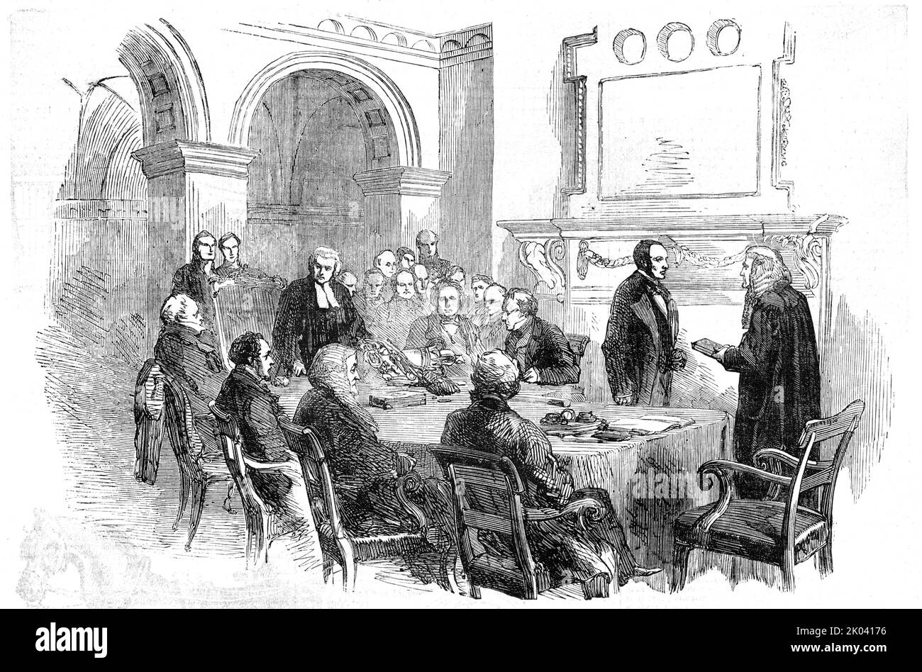 &quot;Trial of the Pyx&quot;, at the Office of the Comptroller-General of the Exchequer, Whitehall, 1854. 'The trial takes place in the principal apartment of the Exchequer-office, in Whitehall-yard....The Lord Chancellor is seated in a carved chair, with the Privy Councillors at the board, or table; and the stage of the proceeding represented by our Artist is the Remembrancer administering the oath to the Jury...The, Lord Chancellor, in addressing the Jury, said the object for the attainment of which they had assembled was one of very great importance - namely, the securing of the due rate of Stock Photo