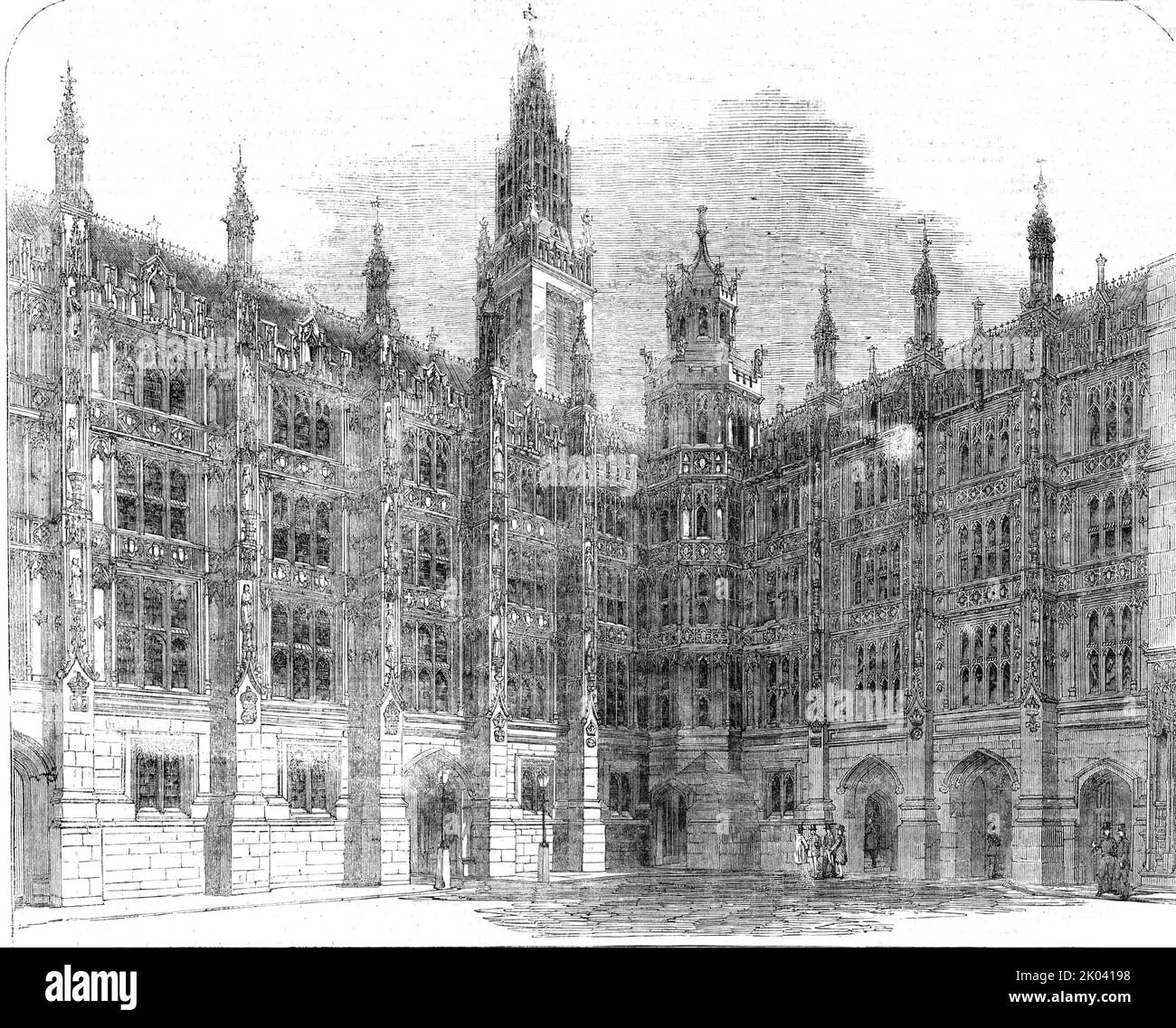 The New Houses of Parliament - Entrance to the Star-Chamber Court, New Palace-Yard, 1854. Palace of Westminster, London. 'This beautiful front is a portion of that between Westminster Hall and the magnificent clock-tower, which is nearing completion. In our View are seen the carriage-ways for entrance and exit: on the right, is the entrance for Members on foot, leading to a colonnade, by which, when the entrance is completed, the Staircase...is reached'. From &quot;Illustrated London News&quot;, 1854. Stock Photo