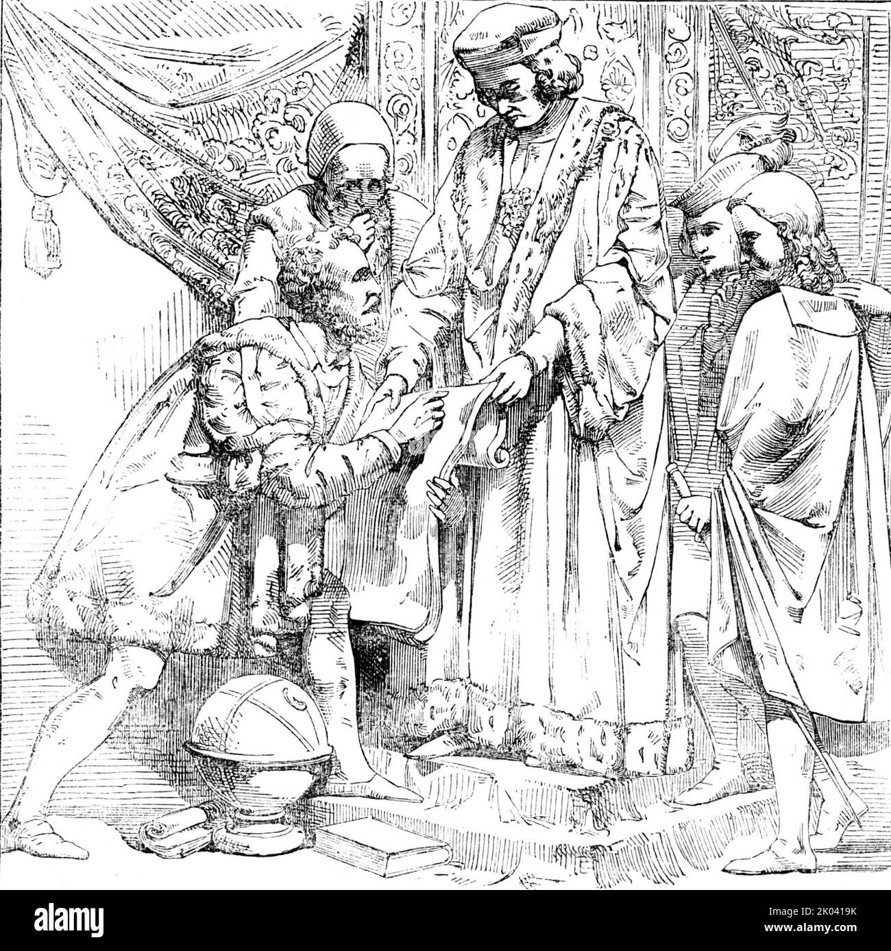 The New Houses of Parliament - Sebastian Cabot before Henry VII, 1854. Sculpture by William Theed in the Palace of Westminster, London: '...a portion of the artistic decoration of the Prince's Chamber...a series of historic bas-reliefs, the able work of Mr. Theed, the sculptor...These very interesting subjects are executed in bronze, and are part of the series of historic pictures designed to fill up the panels, of which there are twelve, in the Prince's Chamber, formerly called the Victoria Lobby. The handling of each of the groups is very masterly, and the conception good. When the entire se Stock Photo