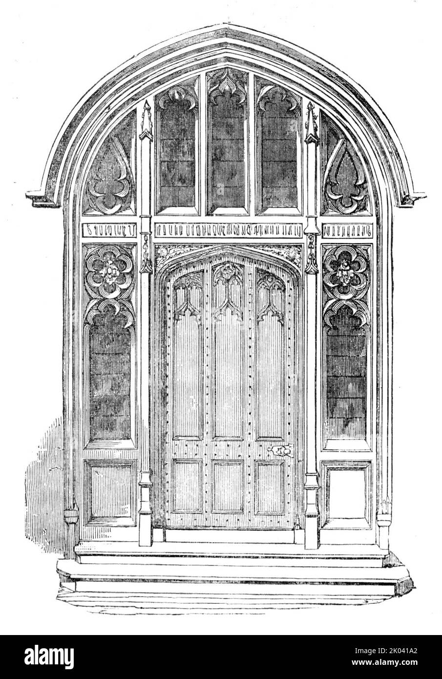 The New Houses of Parliament - Doorway of the Serjeant-at-Arms' Residence, 1854. Interior of the Palace of Westminster, London, designed in Victorian Gothic style by Augustus Pugin. 'This doorway is seen on the north side of the Speaker's Court, and forms a pleasing object, whether seen directly on entering the Court, or viewed from the farther courts, through whose arched openings it is shown as a rich finish to the vista. The Residence, to which this is the Entrance, will shortly he completed. The fittings-up, both in the master's and servants' hall, are being studied with scrupulous care, s Stock Photo