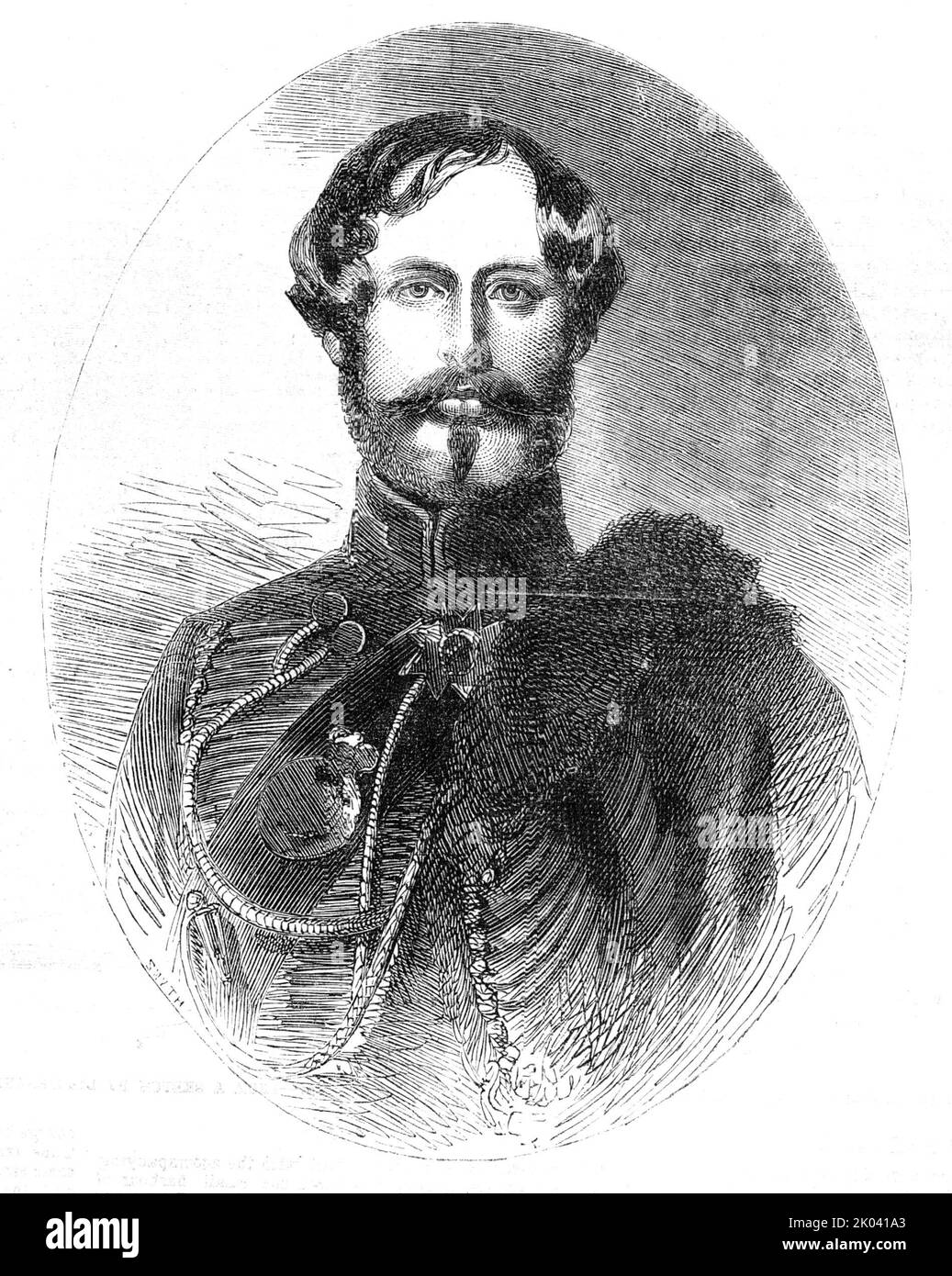 His Grace the Duke of Leeds, Mover of the Address to Her Majesty, in the House of Lords, from a family painting, 1854. Portrait of British peer and politician Francis George Godolphin-D'Arcy D'Arcy-Osborne, 7th Duke of Leeds. 'The present Duke is eldest representative of the celebrated Duke of Marlborough; and, consequently, inherits the Princedom of the Empire, being the sole heir of Henrietta, Duchess of Marlborough, the eldest daughter of the Great Duke; whilst the present Duke of Marlborough represents the second daughter, Anne, Countess of Sunderland. His Grace, who also represents the ce Stock Photo