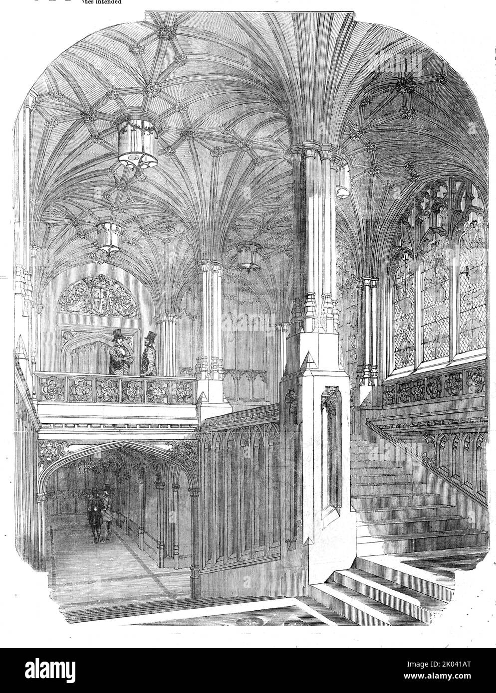 The New Houses of Parliament - Members' Staircase, House of Commons, 1854. Interior of the Palace of Westminster, London, designed in Victorian Gothic style by Augustus Pugin. 'Clustered columns in the centre, and on each side, support a stone roof, most elaborately groined; the intersections of the groining having bosses of infinite variety of character and detail. The windows...are filled with gorgeous stained glass; and, at night, the Staircase is lighted by lanterns pendent from the centres of the intersecting arches of the roof...Panelling and quatre-foils fill the walls on the sides of t Stock Photo