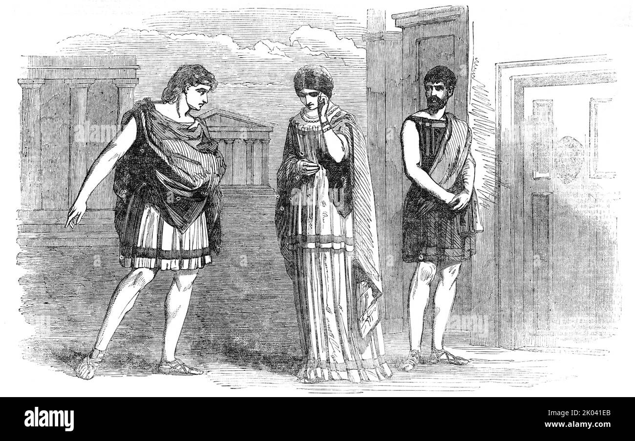 The Westminster Play - scene from Terence's &quot;Eunuchus&quot;, act 1, scene 1, 1854. Stage production at Westminster School, a public school in London. '...representation of one of Terence's plays by the Queen's College...Phaedria reproaches Thais; Parmeno sneers at his want of firmness...The attack upon the courtesan's house by Thraso and his strange band is a good piece of burlesque &quot;fun&quot;...Parmeno, with his strong woman-hating propensities, stands out in strong relief from the ordinary accommodating slaves of the Davus and Syrus breed...The appearance of a Queen's Scholar in fe Stock Photo