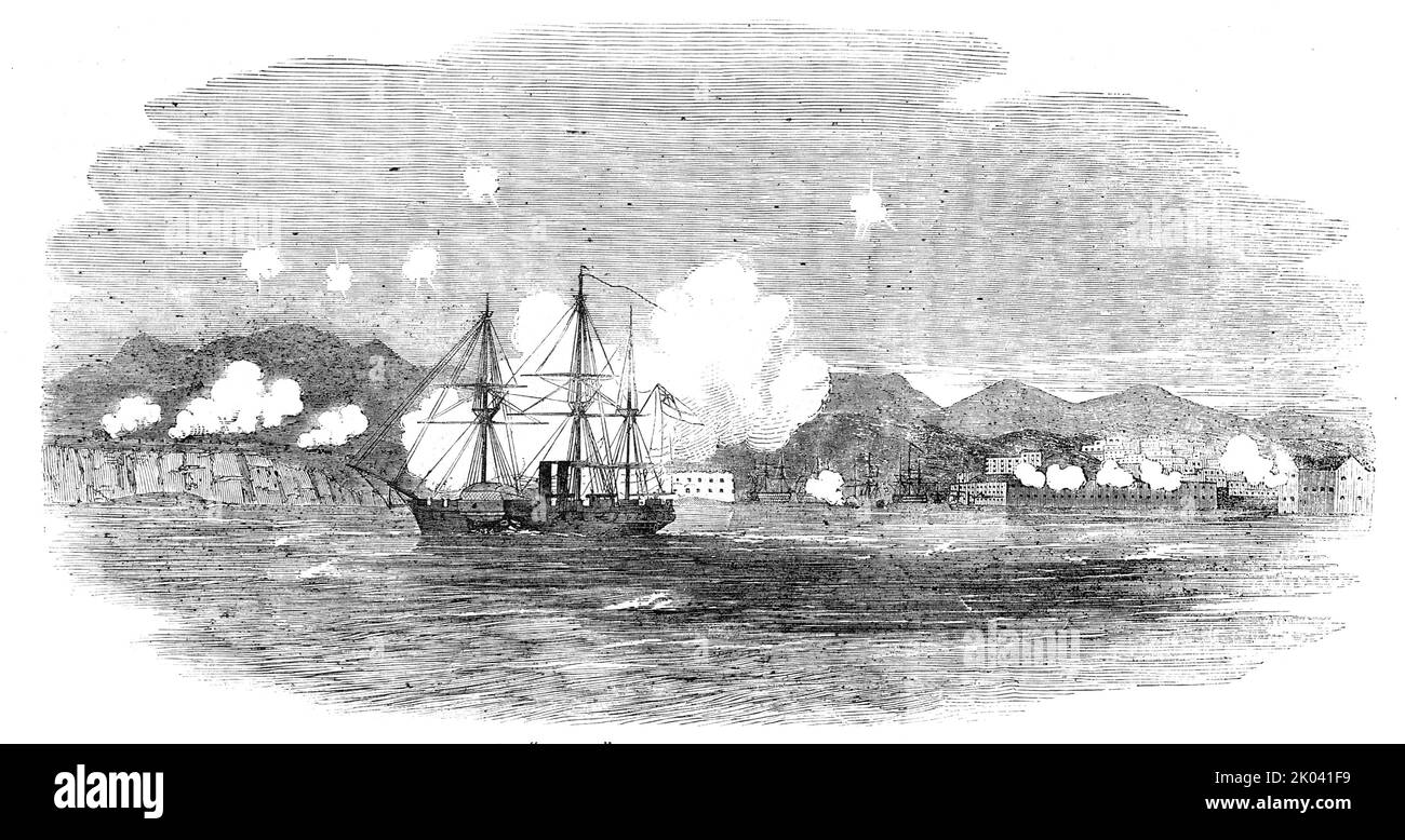 The &quot;Valorous&quot; chasing Russian Steamers into Sebastopol, 1854. Crimean War. '...the mast-heads of a Russian steamer appeared..., another was seen following her. The first proved to be a heavy paddle-wheel frigate; and the second a small sloop. An alarm was immediately given, and in a few minutes our cable was slipped, and we were in full chase of our expected prizes who had opened fire on a battery in course of erection...As we neared them, however, they turned tail and ran back under the batteries; we continued to follow them till we were within 1000 yards of the forts, firing sever Stock Photo