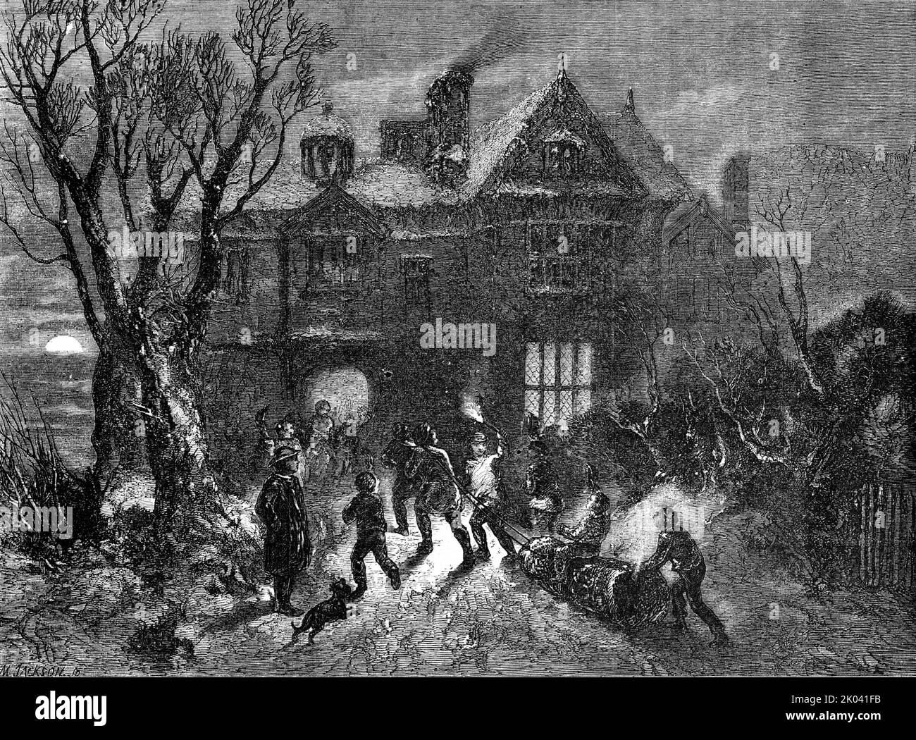 Bringing Home the Yule Log, 1854. Christmas scene children drag a huge log towards a house