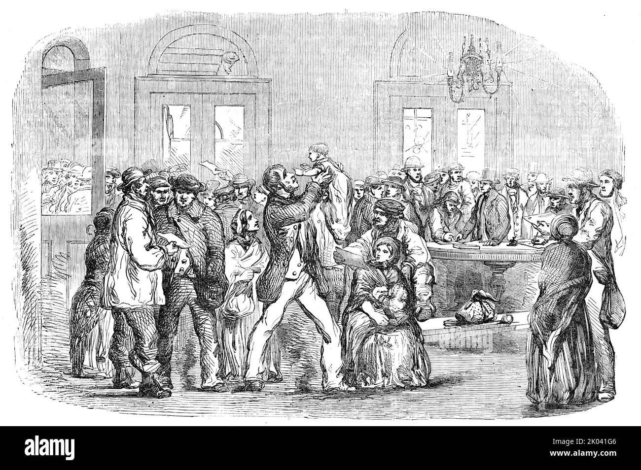 Navvies at the North-Western Railway Terminus, Euston-Square, 1854. Manual labourers leaving London for the seat of war in the Crimea. '...there are instances of men who have risen from the pick and wheelbarrow to be contractors, have banking accounts, and dine with Peers...as a general rule, a well-built frame and strong lungs, breadth across the chest, back, and loins, rather than excessive height, are the characteristics of the genuine Navvy...They have the faults of all uneducated men in this beer-drinking country, who work hard and earn heavy wages...But they have also many virtues. They Stock Photo