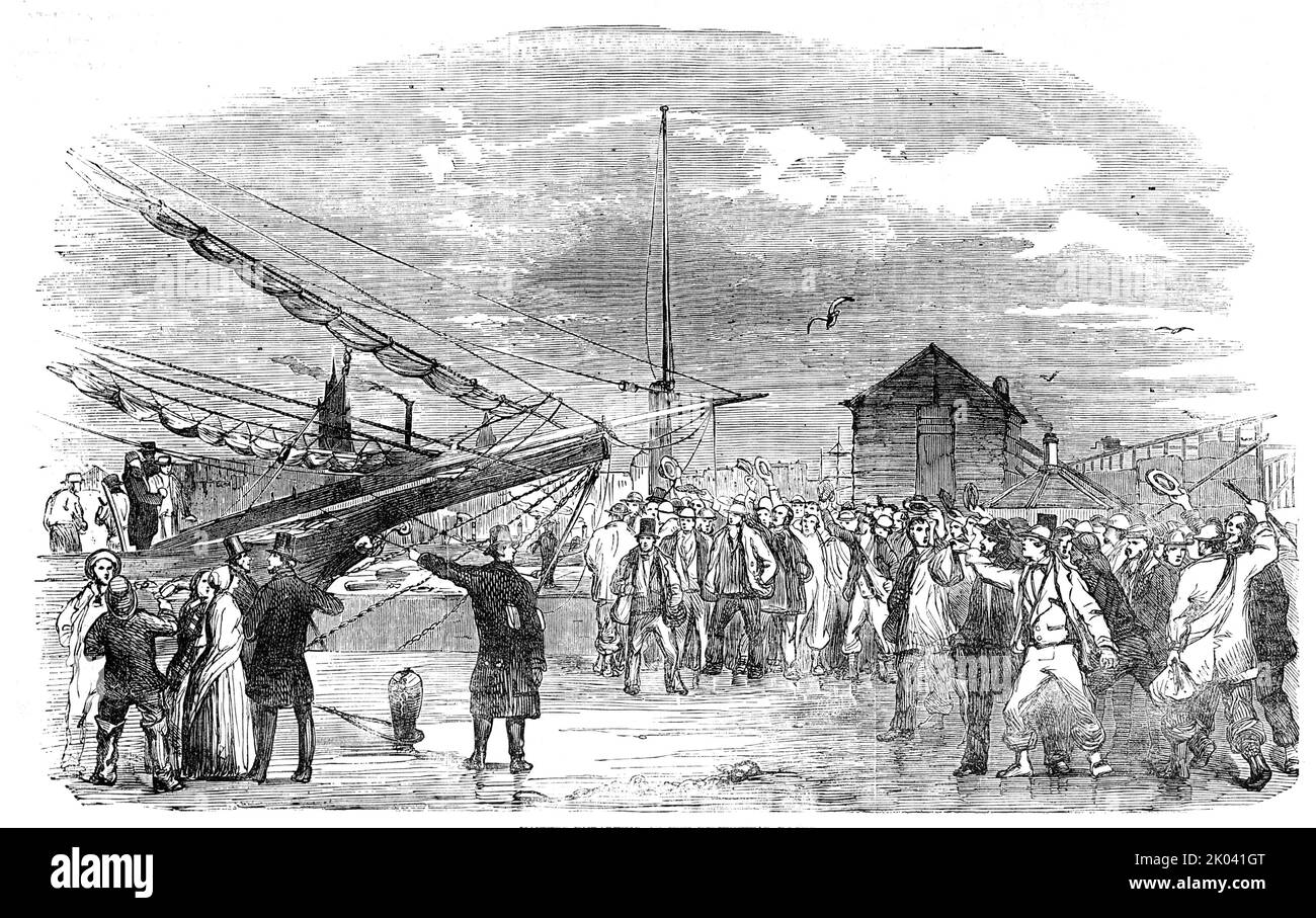 Navvies embarking at the Birkenhead Docks, 1854. Manual labourers leaving Britain for the seat of war in the Crimea. '...the ranks of the nomadic army of shovellers are continually recruited from the strongest and most enterprising of the peasantry in the districts in which canals or railroads are made....The party dispatched to the Crimea includes every kind of workmen; not only those who handle the shovel and the pick, and not only with the wheelbarrows, but carpenters, smiths, plate-layers, well-sinkers, &amp;c...It has been stated that the Crimean Navvies are to be armed. This is a mistake Stock Photo