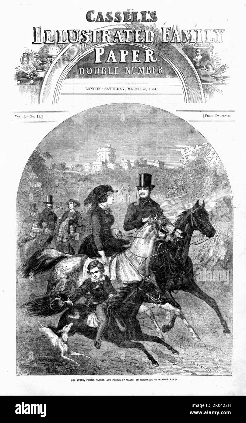 'The Queen, Prince Albert, and Prince of Wales, on horseback in Windsor Park: Front Page; Cassells Illustrated Family Paper; London Saturday, March 25, 1854', 1854. From &quot;Cassells Illustrated Family Paper; London Weekly 31/12/1853 - 30/12/1854&quot;. Stock Photo