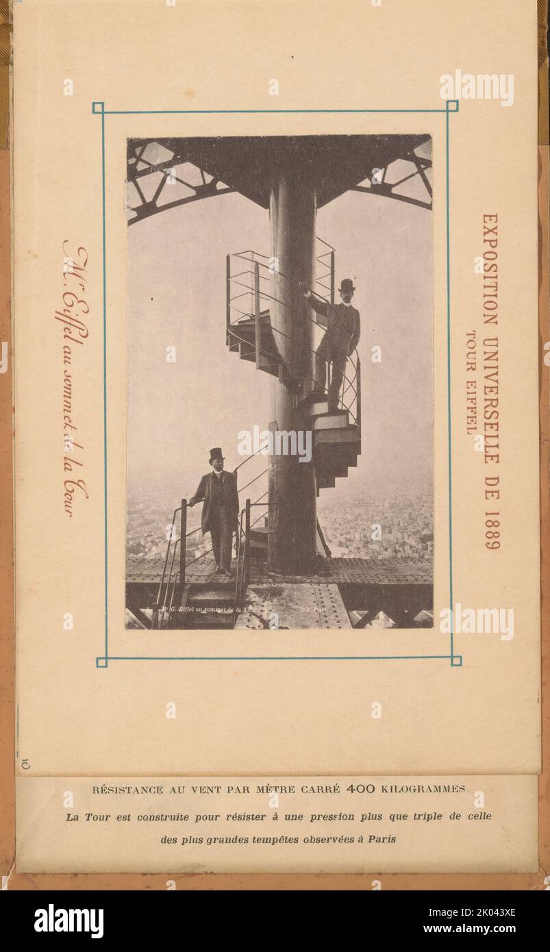 Gustave Eiffel and another man on top of the Eiffel Tower, 1889. Private Collection. Stock Photo