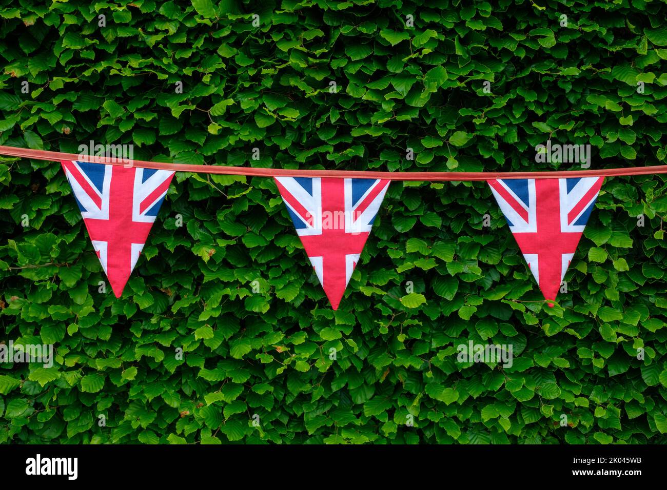 Bunting at a Street Party held to celebrate the Platinum Jubilee of Her Majesty Queen Elizabeth II in the rural village of Tourville, Buckinghamshire, Stock Photo