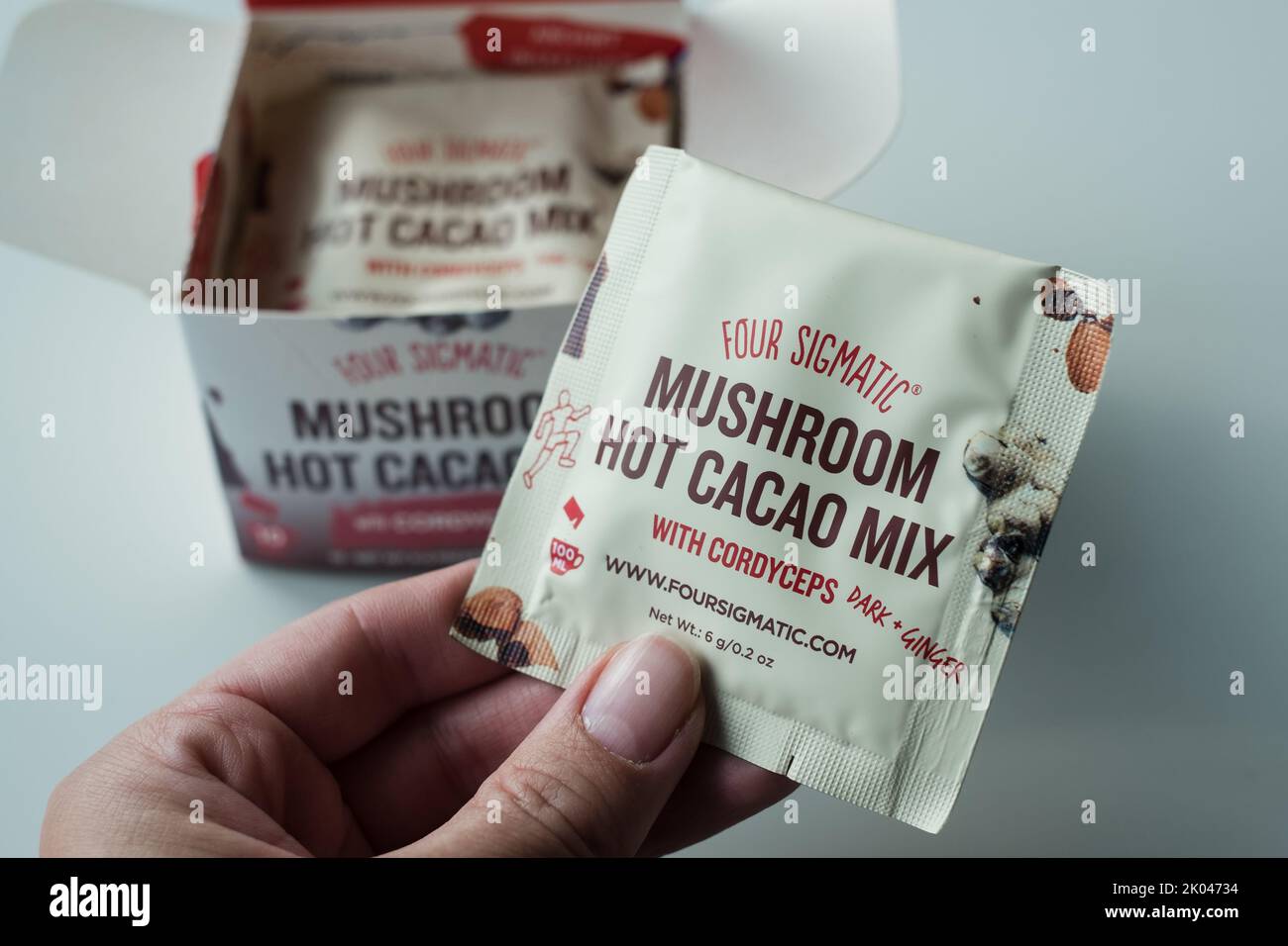 Helsinki, Finland - September 8, 2022: Four Sigmatic mushroom cacao mix pack. Four Sigmatic is functional foods company known for mushroom food. Stock Photo