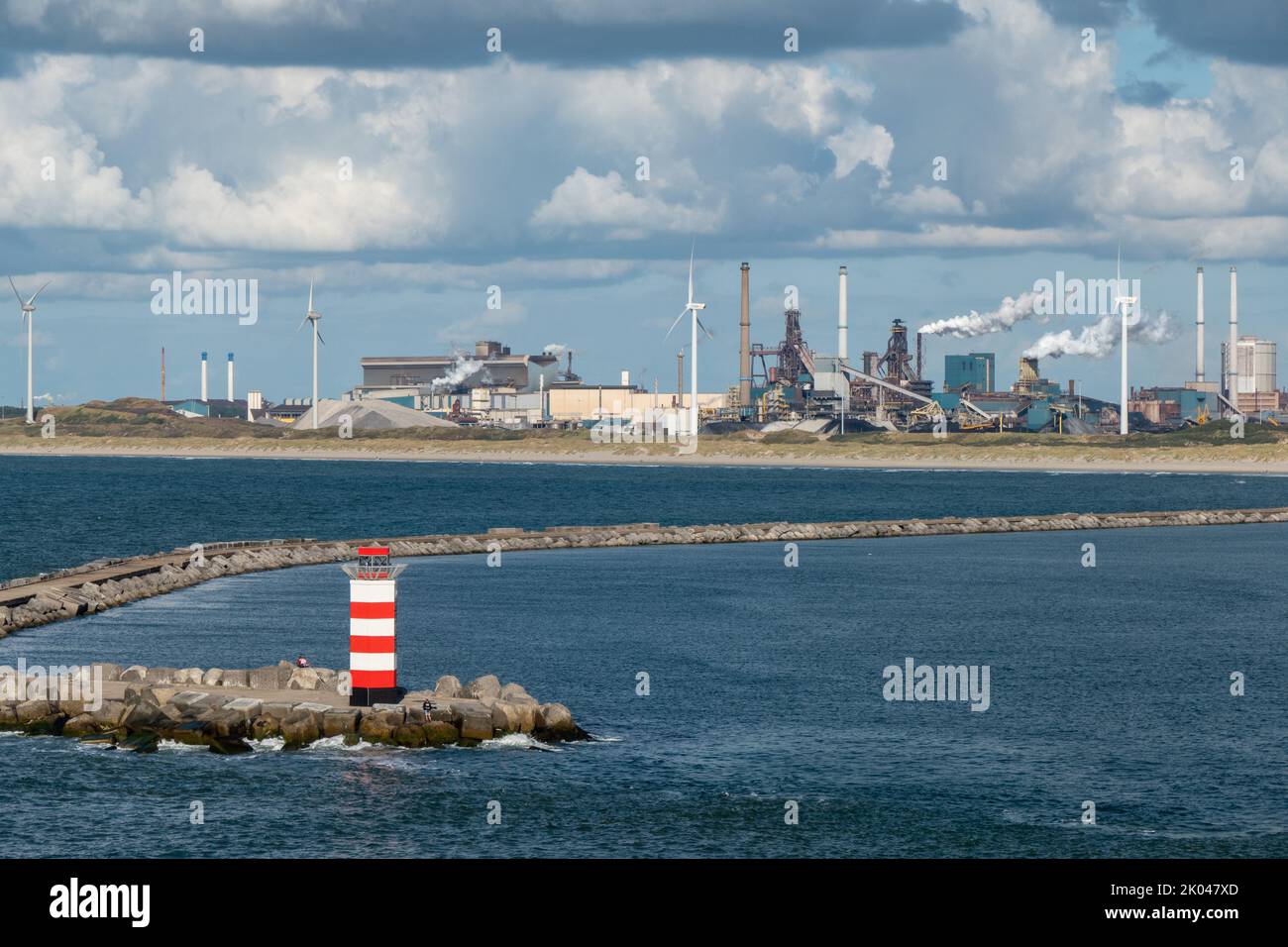 View at steel factory Tata steel and windmills in IJmuiden, Holland Stock Photo