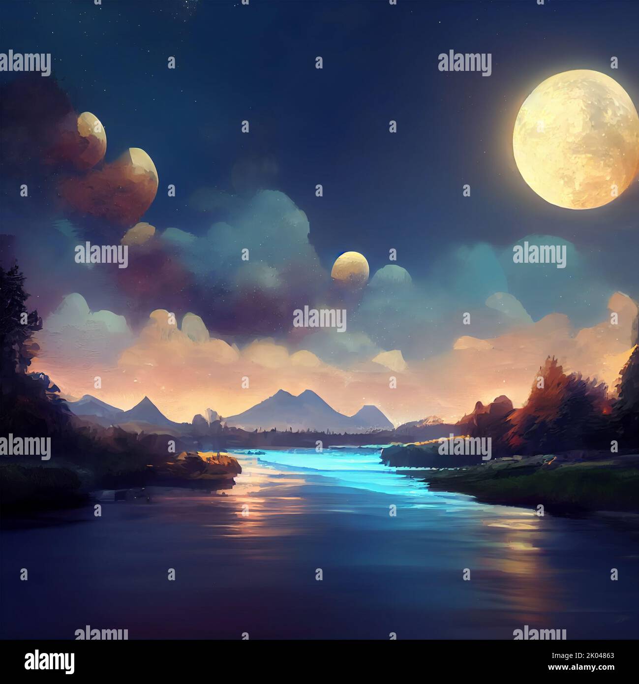 Beautiful Moon and River at Night with Mountains and Stars ...