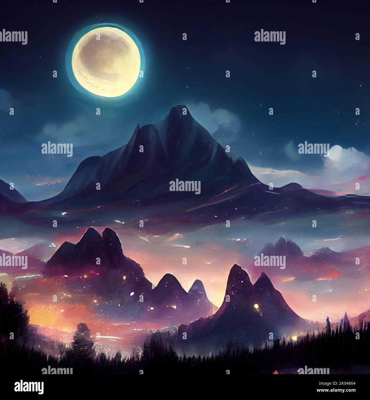 Beautiful Moon and River at Night with Mountains and Stars. Concept Art Scenery. Book Illustration.Video Game Scene. Serious Digital Painting. CG Artw Stock Photo