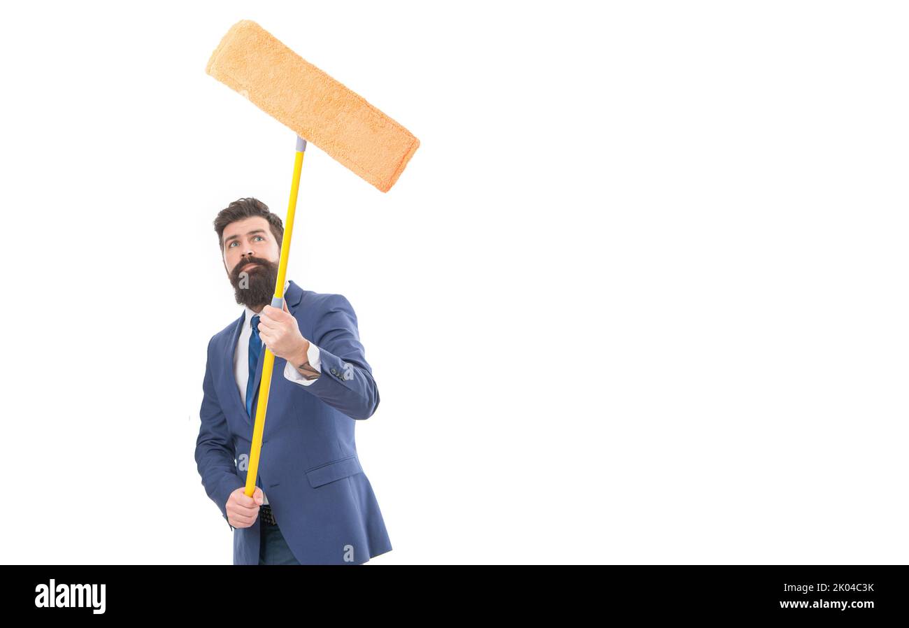 Businessman holding cleaning mop isolated on white. Professional man running cleaning business Stock Photo