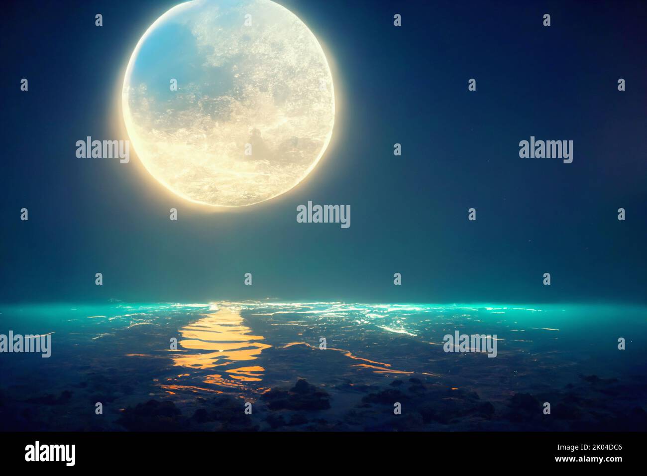 Full moon reflected in smooth calm water surface, imaginary abstract painting background Stock Photo
