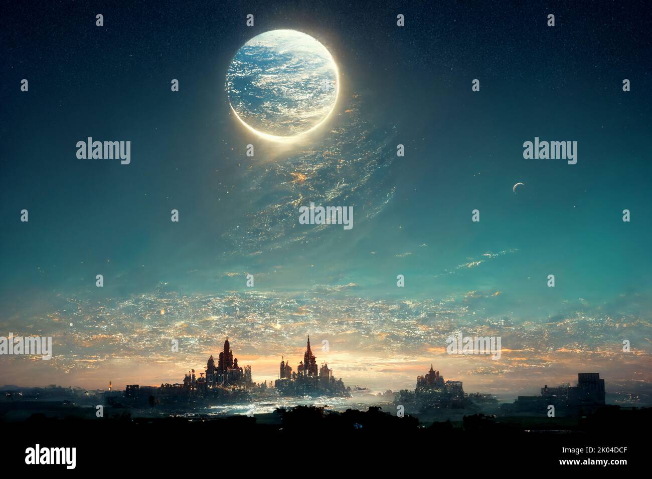 Imaginary fantasy world under moon on blue starry sky, abstract background Stock Photo