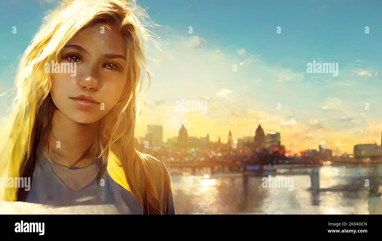 Young blonde teenager girl on city background. Abstract painting Stock Photo