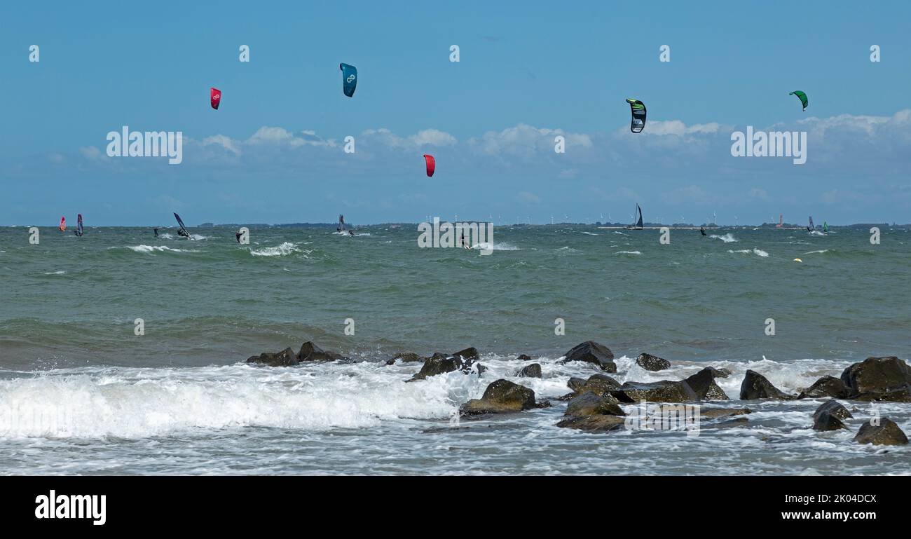 Kitesurfers, sailboarders, Steinwarder peninsula, Heiligenhafen, Schleswig-Holstein, Germany Stock Photo