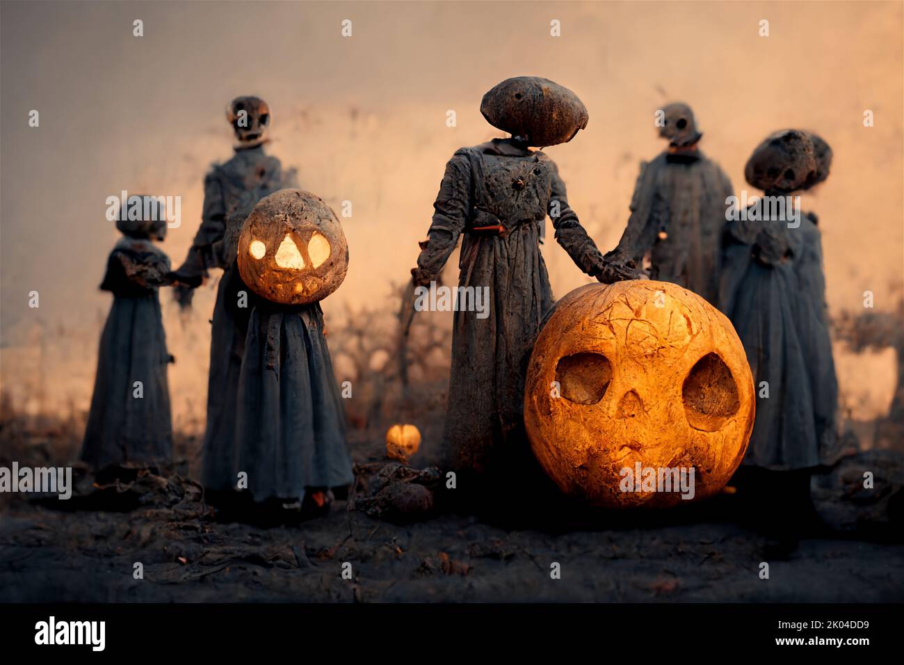 Creepy silhouette of unknown people with pumpkins in the graveyard. Halloween celebration picture background Stock Photo