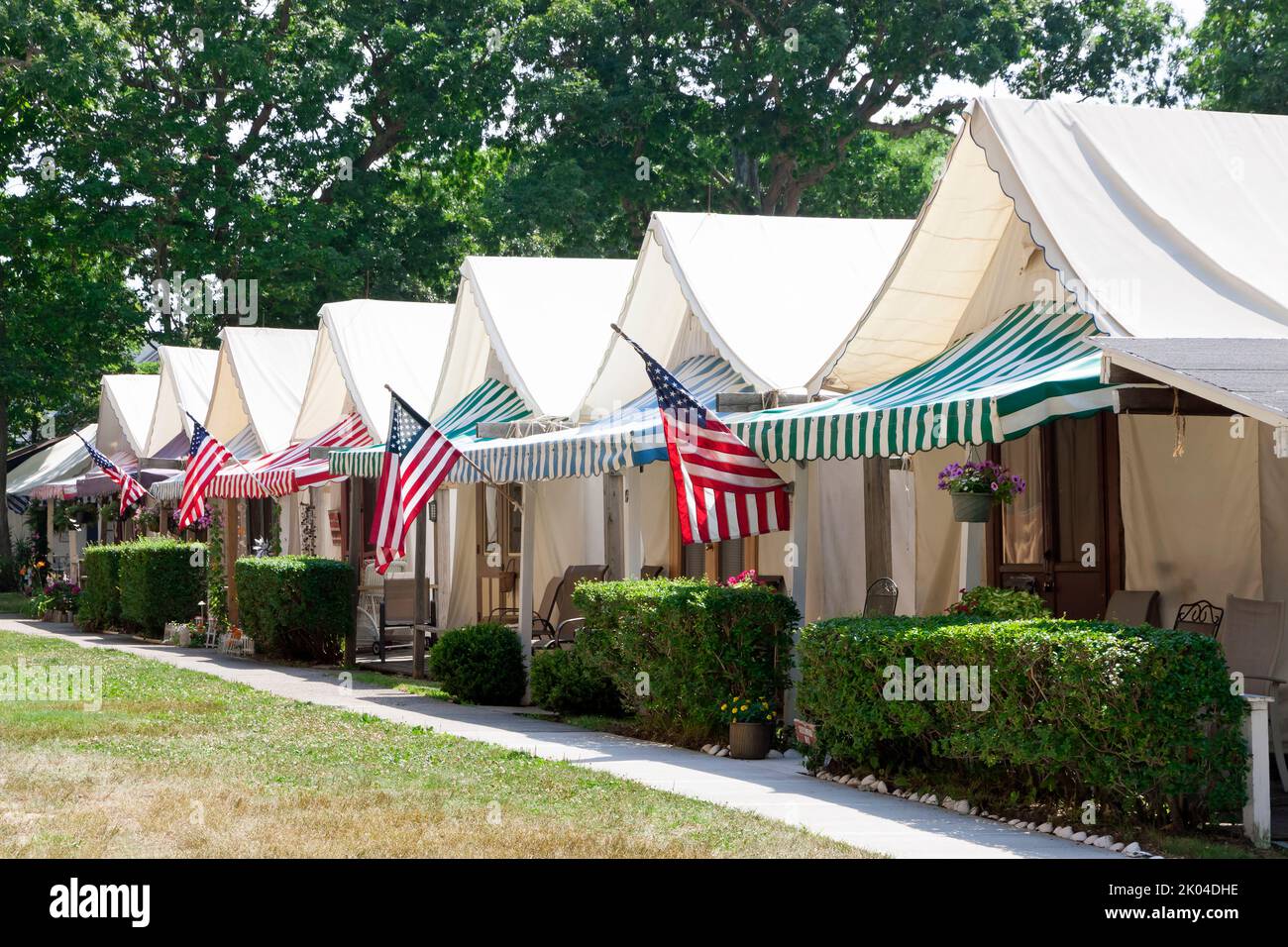 Historic Ocean Grove's Camp Methodist summer tent neighborhood at the New Jersey shore. Stock Photo