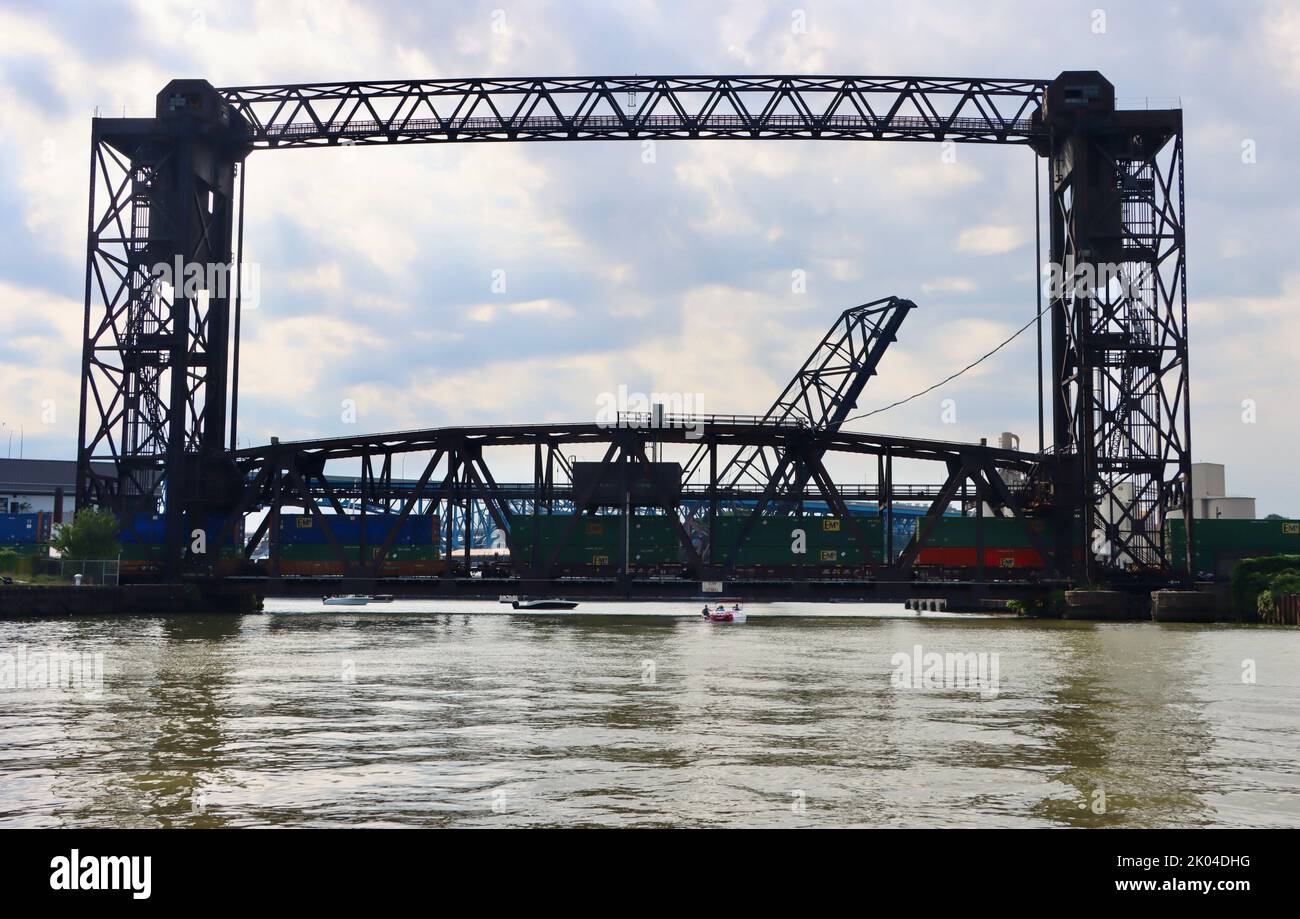 Cuyahoga River Bridge or Iron Curtain Bridge, a railroad bridge over Cuyahoga river in Cleveland, Ohio.  One of Clevelands 330 bridges. Stock Photo