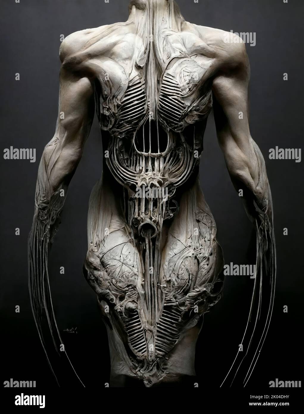 Rear view creepy monster person body with bones muscles over dark background, abstract painting, vertical view, giger style Stock Photo
