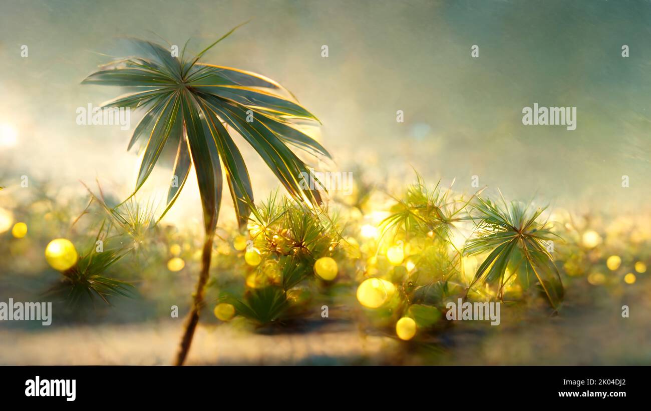 Tropical landscape with palm trees over glowing sun against sky, abstract background. Stock Photo