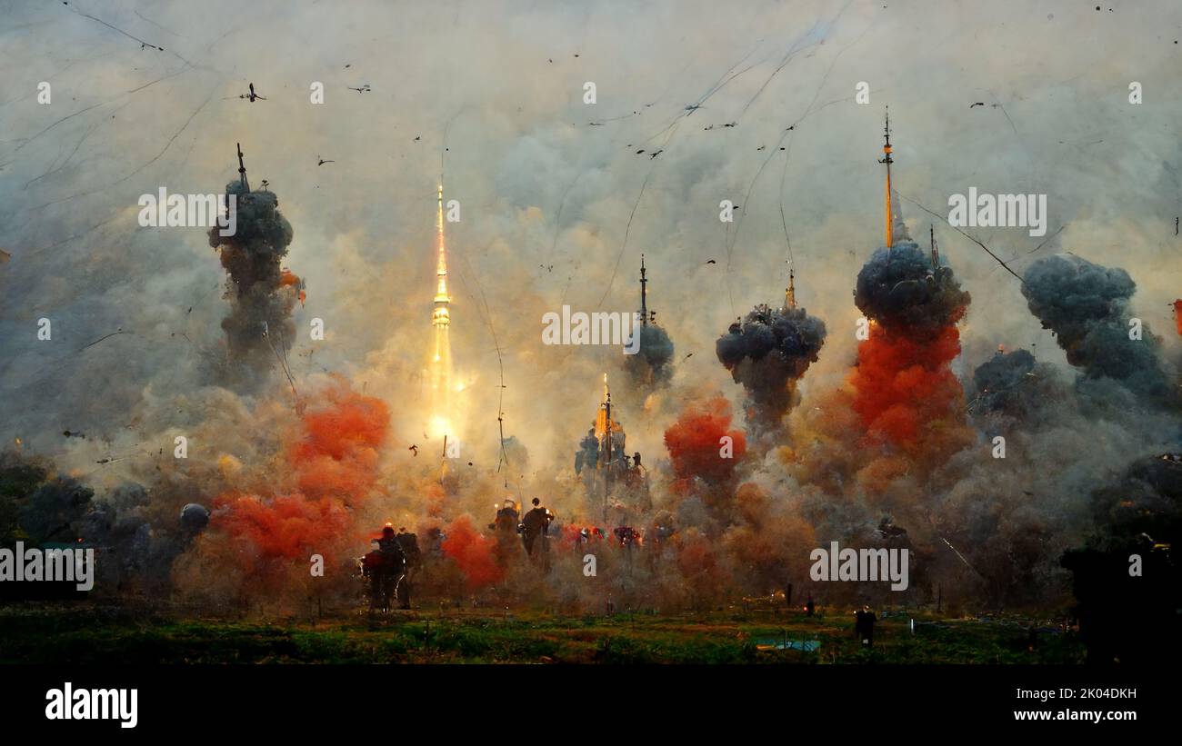 Abstract background of war, launched rockets and smoke clouds view Stock Photo