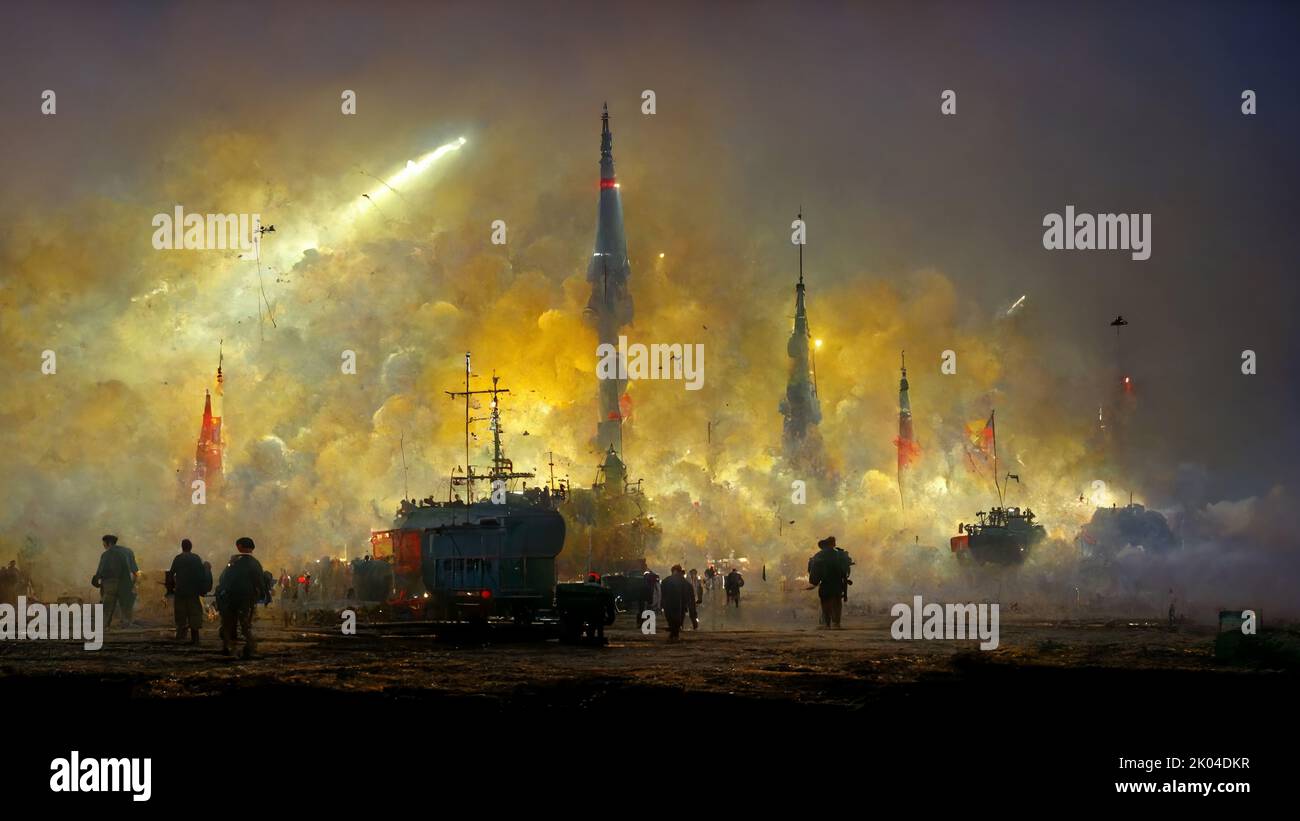 Abstract background of war, launched rockets and smoke clouds view Stock Photo